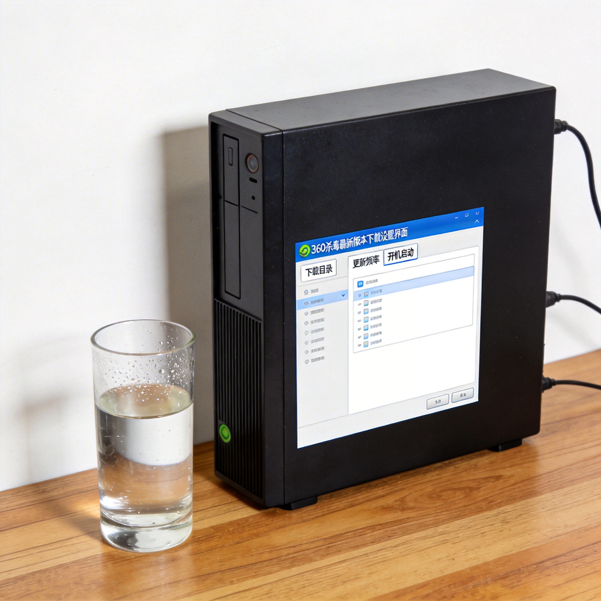 书桌上的主机，屏幕显示360 杀毒最新版本下载设置界面，桌角放着水杯，自然光