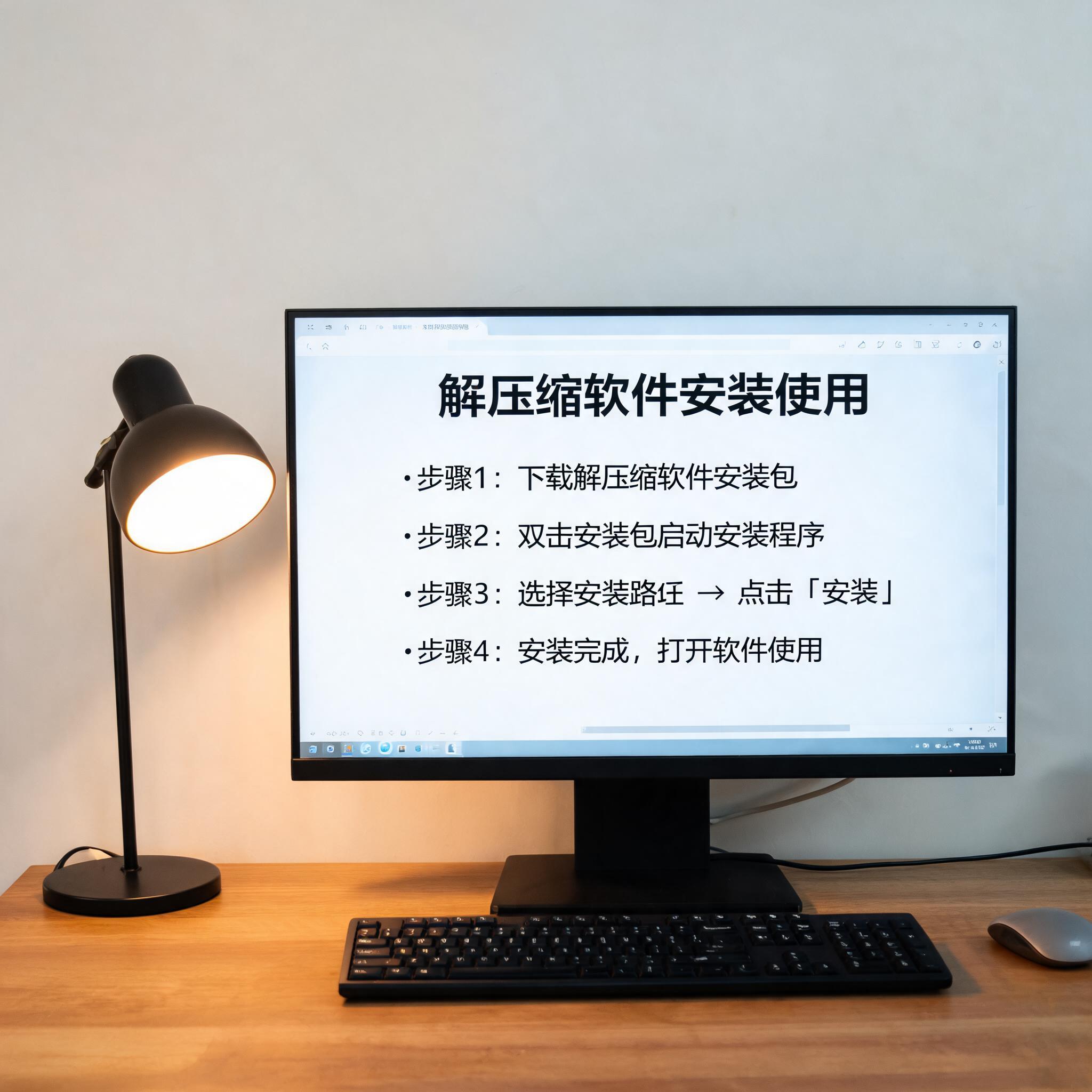 电脑桌上的电脑，屏幕显示解压缩软件怎么安装使用菜单，旁边放着台灯