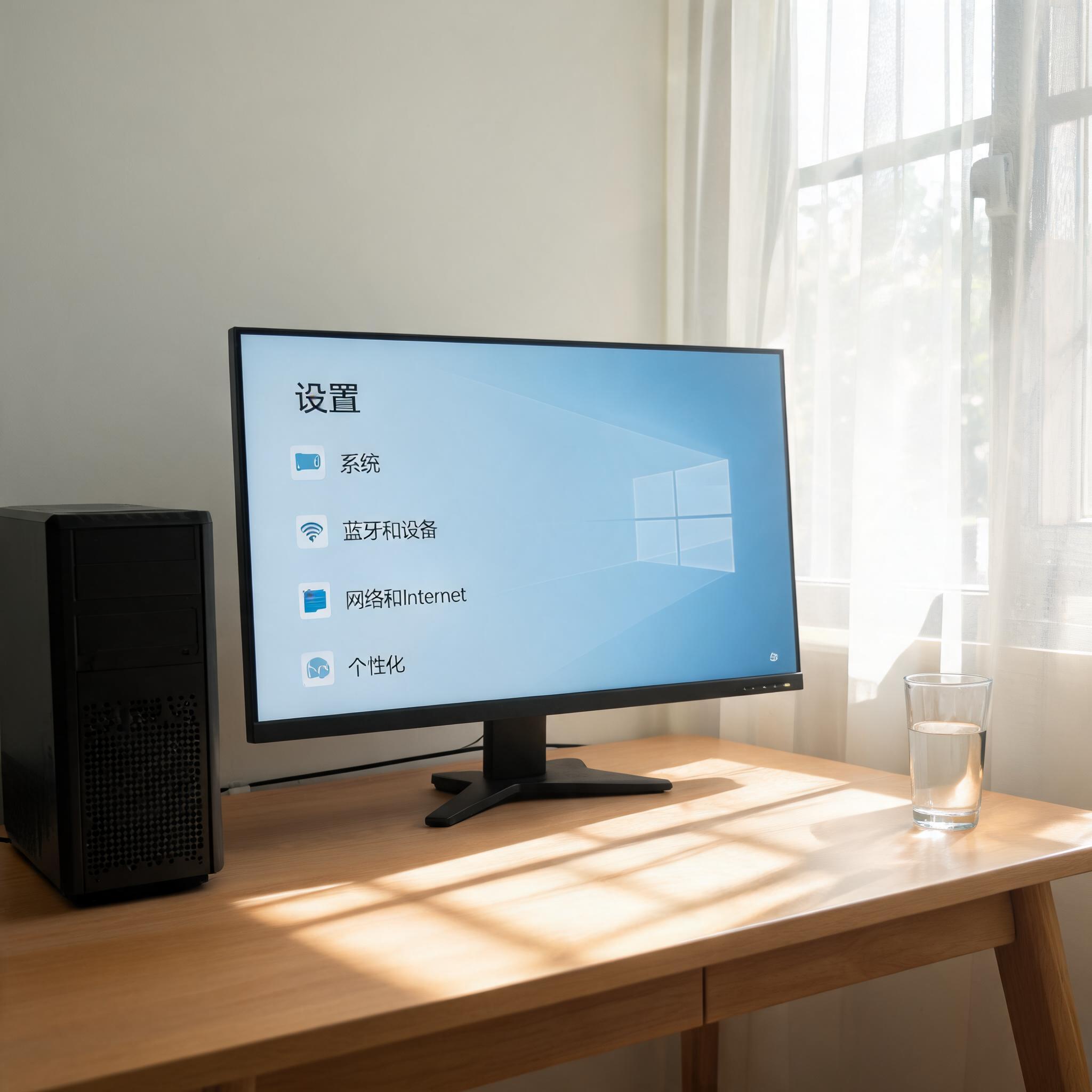 书桌上的主机，屏幕显示Windows设置界面，桌角放着水杯，自然光