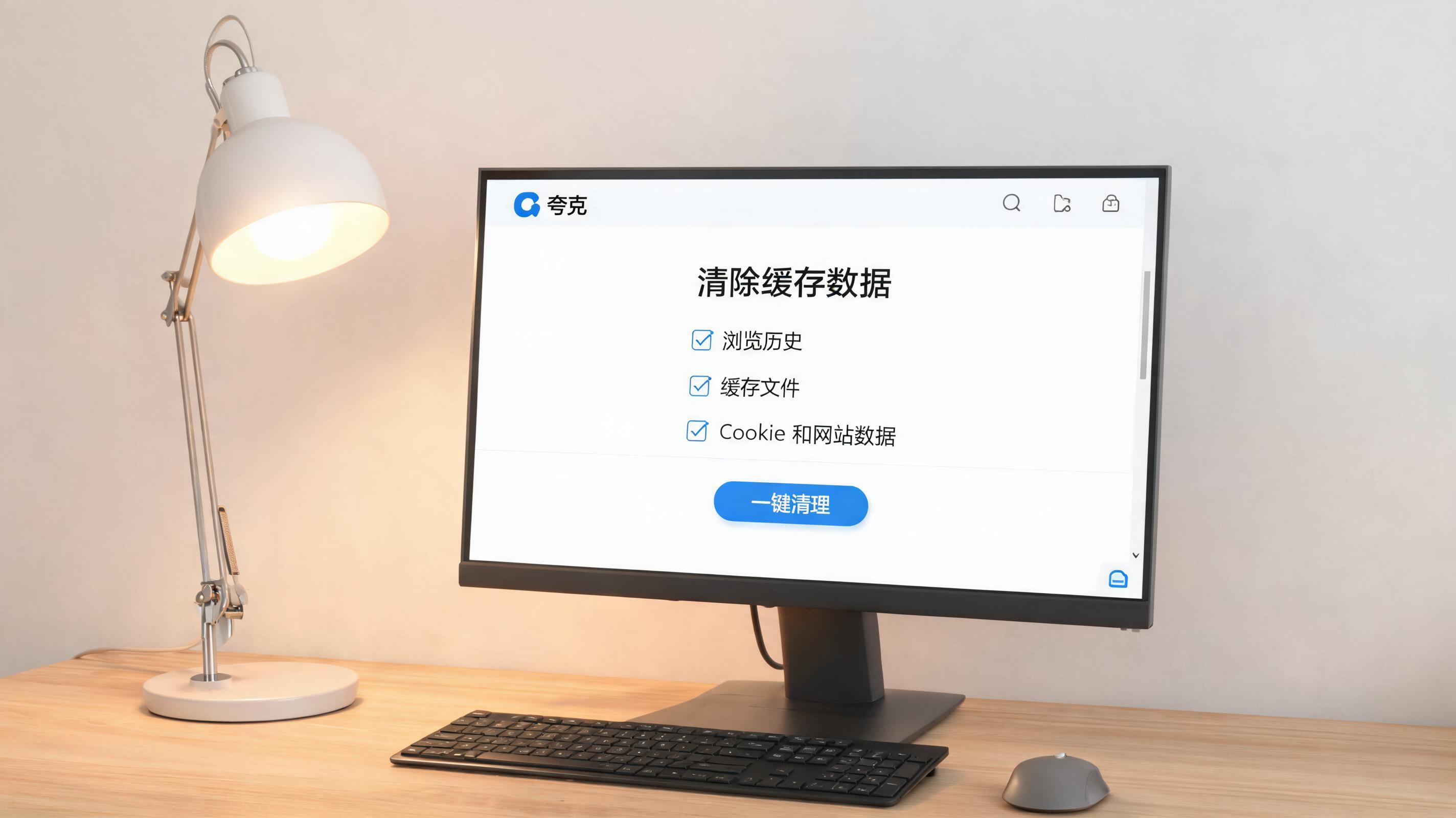 电脑桌上的电脑，屏幕显示夸克浏览器怎么清除缓存数据界面，旁边放着台灯