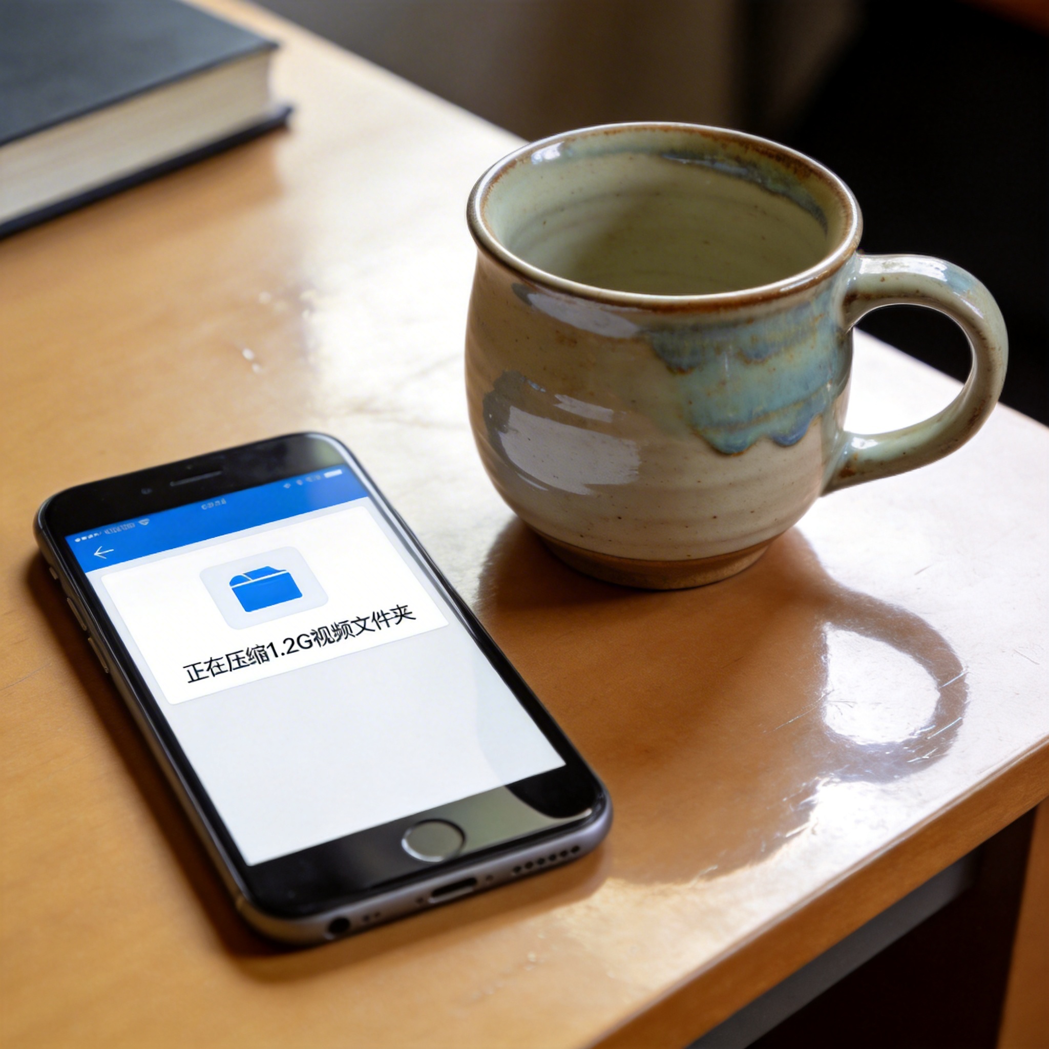 书桌的手机屏幕显示手机文件压缩解压缩软件界面，正在压缩1.2G的视频文件夹，旁边放着陶瓷水杯，室内自然光