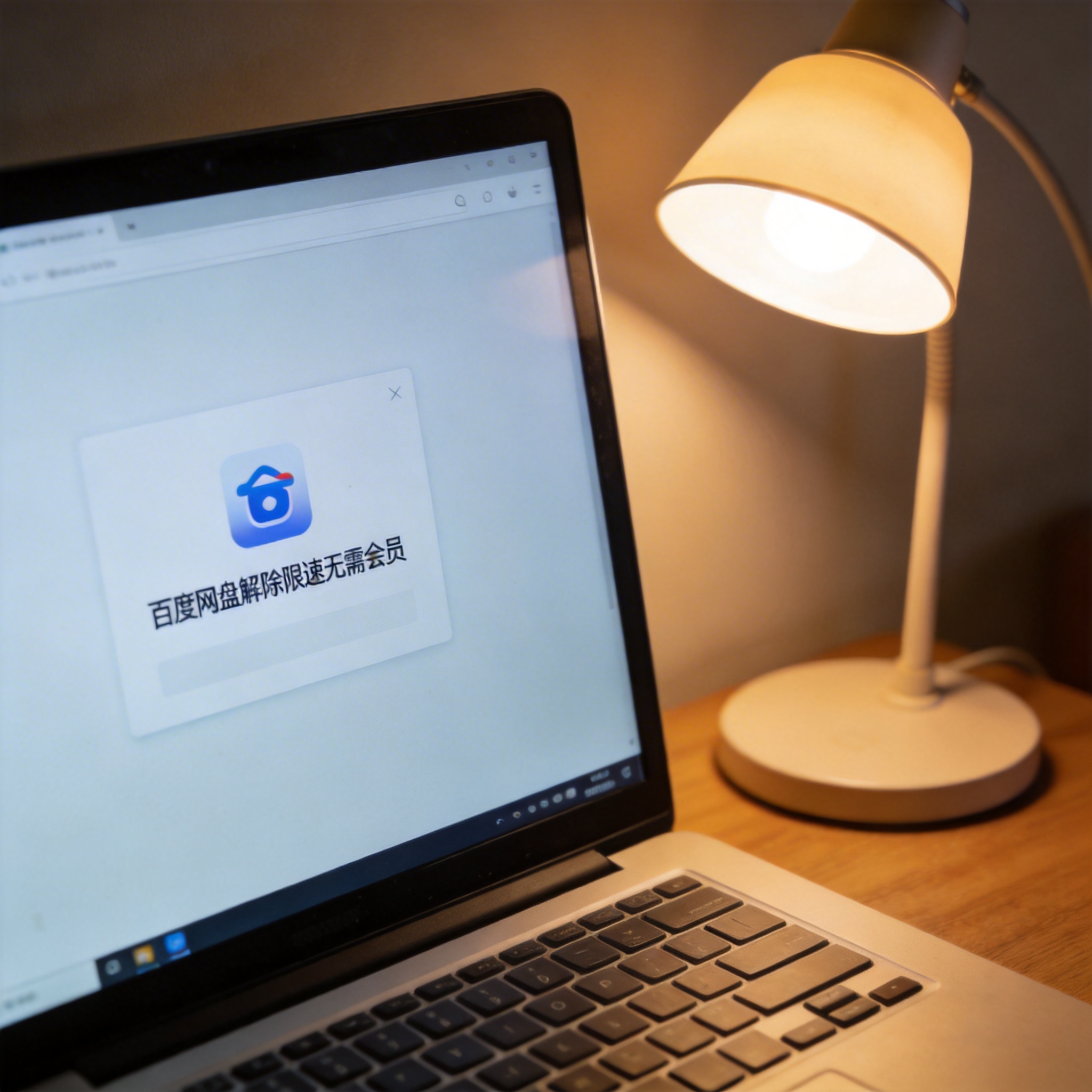 电脑桌上的电脑，屏幕显示百度网盘解除限速无需会员界面，旁边放着台灯