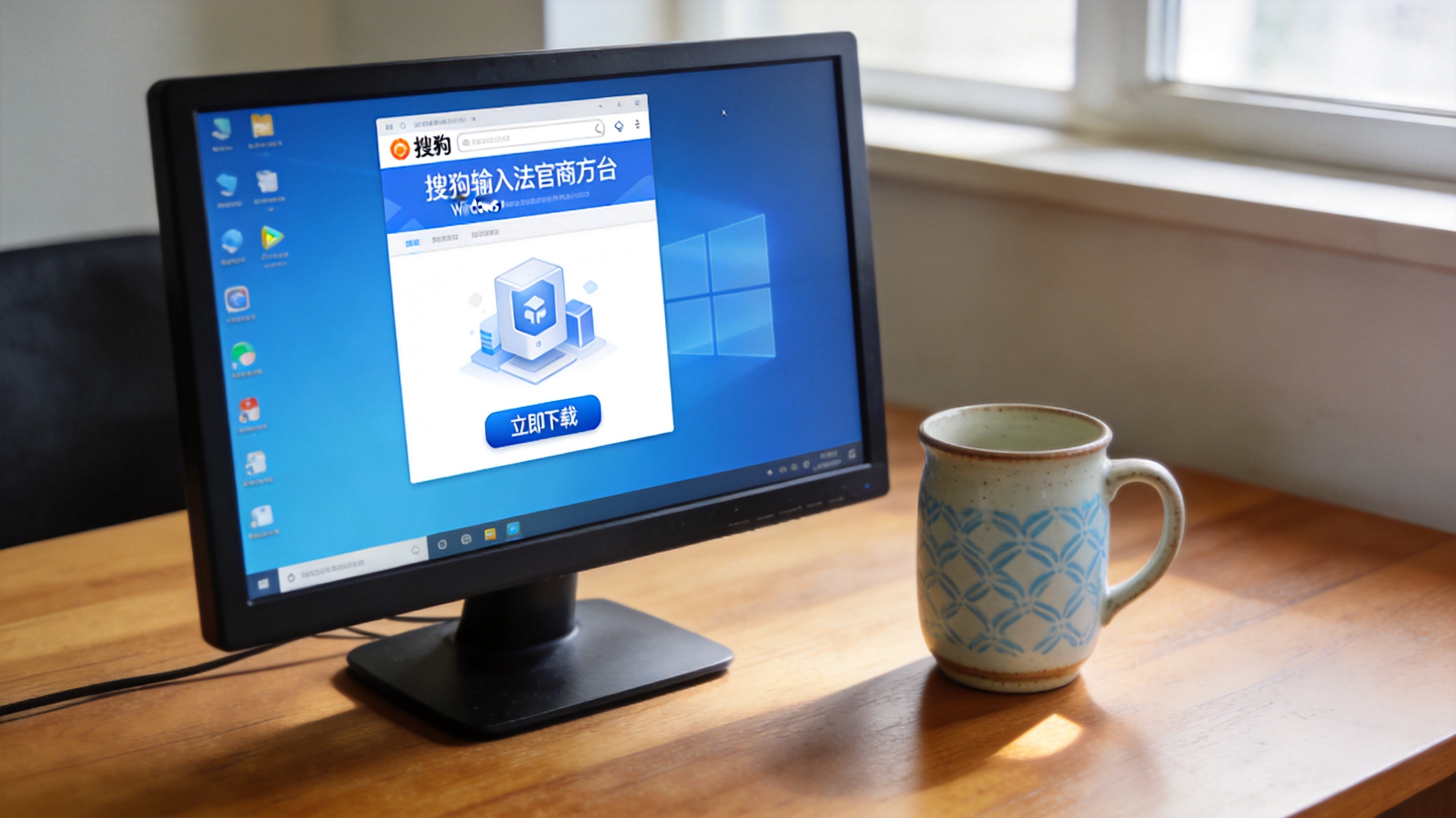 电脑桌的Windows系统电脑，屏幕显示搜狗输入法官方网站页面，页面有清晰的下载入口，旁边放着陶瓷水杯，室内自然光
