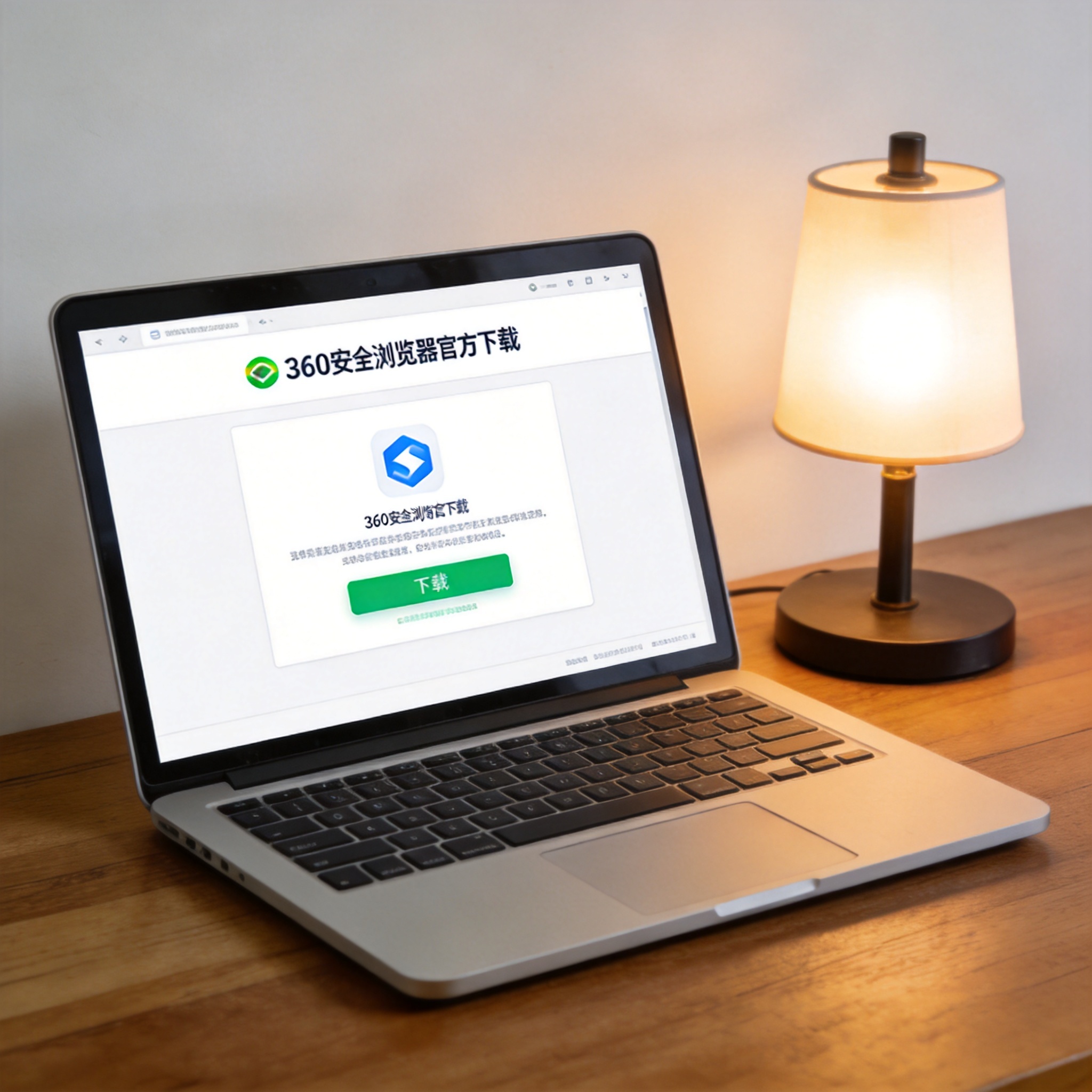 电脑桌上的电脑，屏幕显示360 安全浏览器官方下载界面，旁边放着台灯