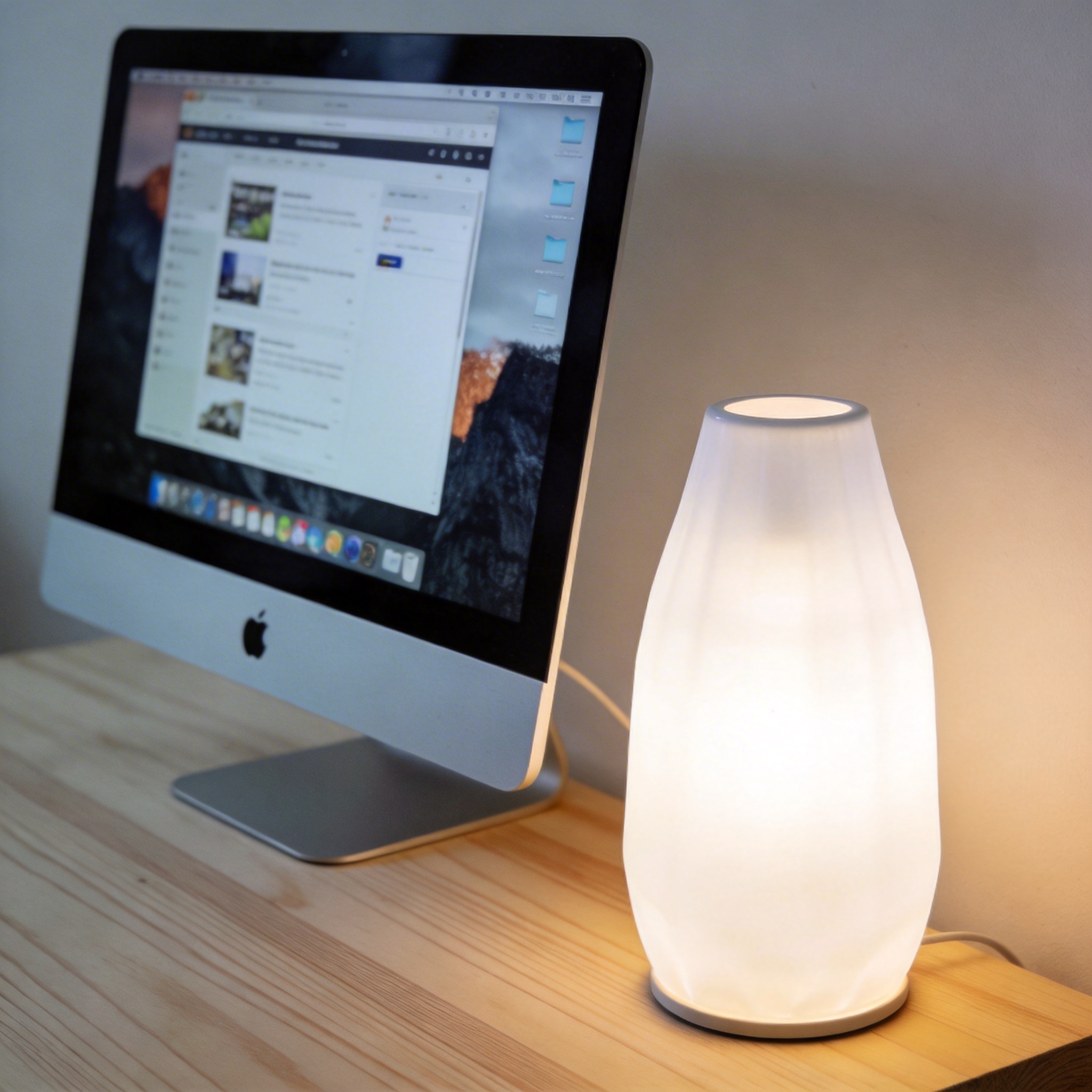 电脑桌上的电脑，屏幕显示浏览器界面，旁边放着台灯