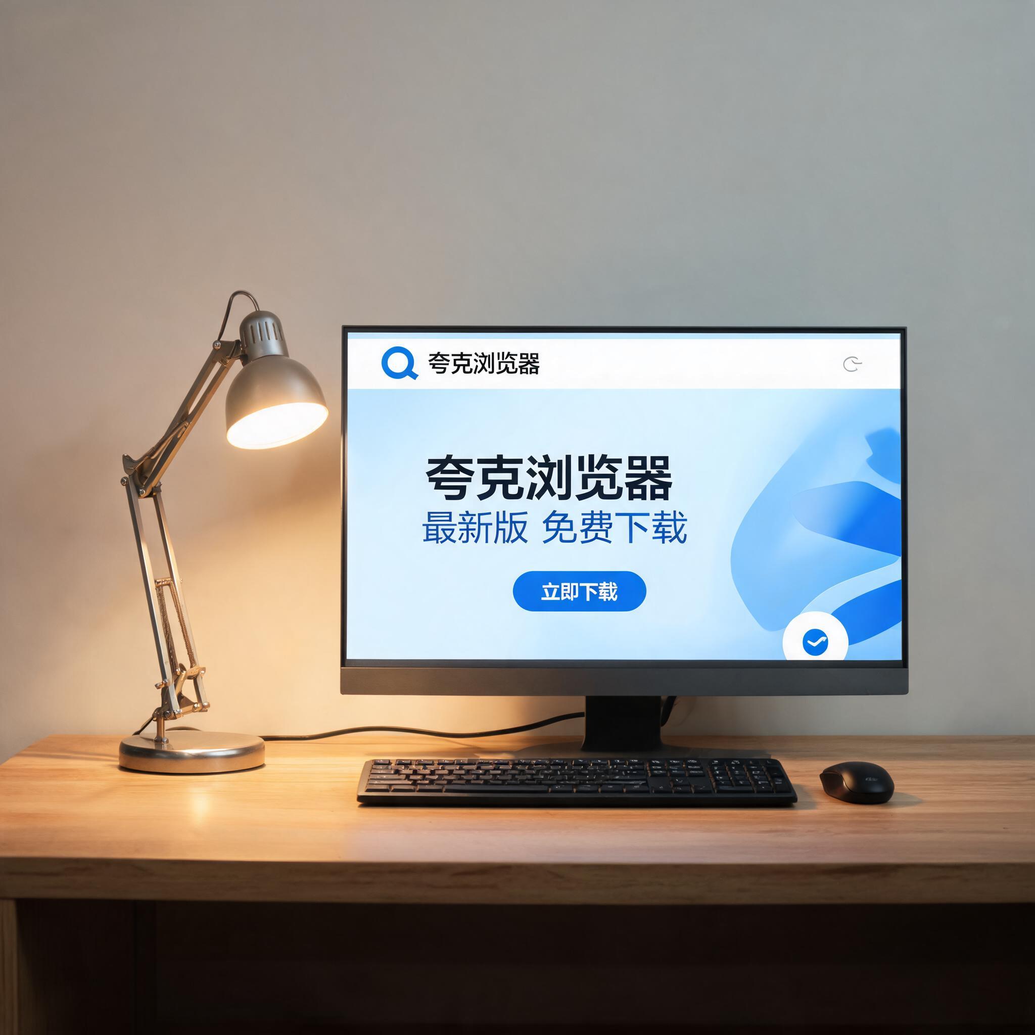 电脑桌上的电脑，屏幕显示夸克浏览器最新版免费下载界面，旁边放着台灯