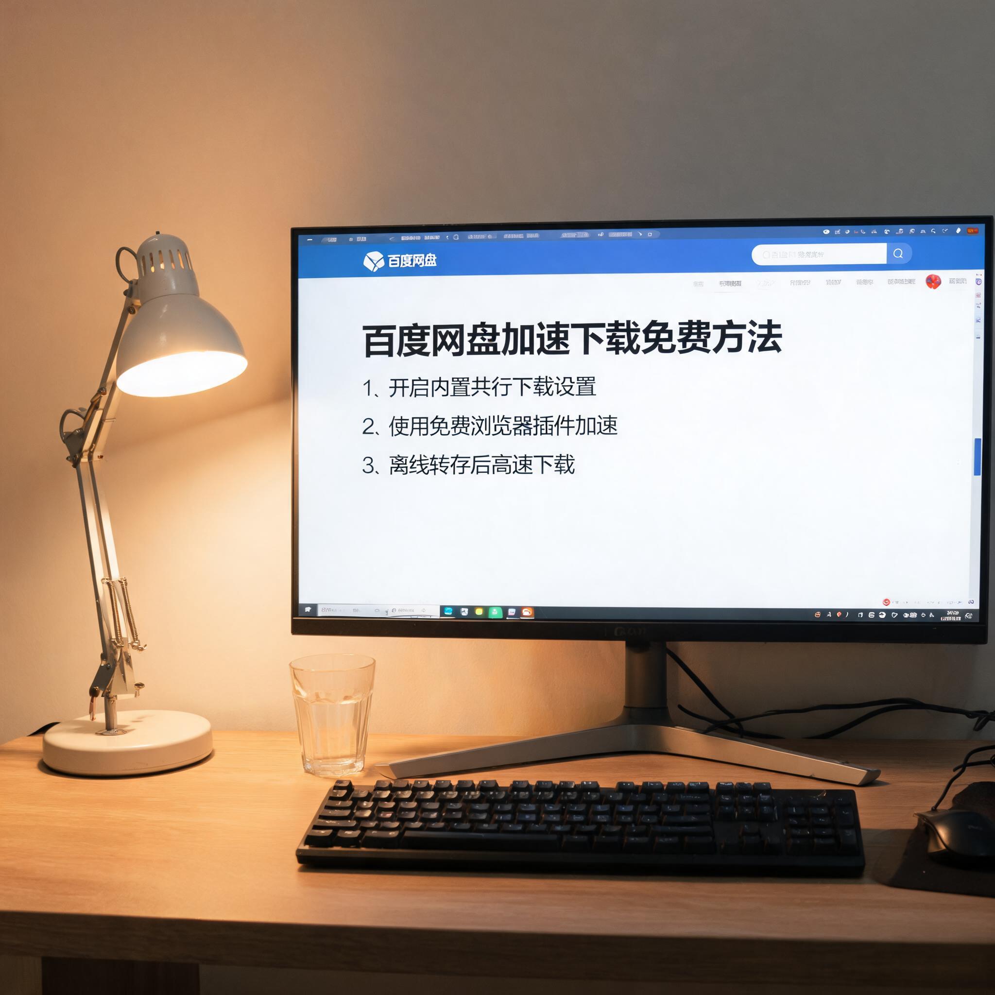 电脑桌上的电脑，屏幕显示百度网盘加速下载免费方法界面，旁边放着台灯