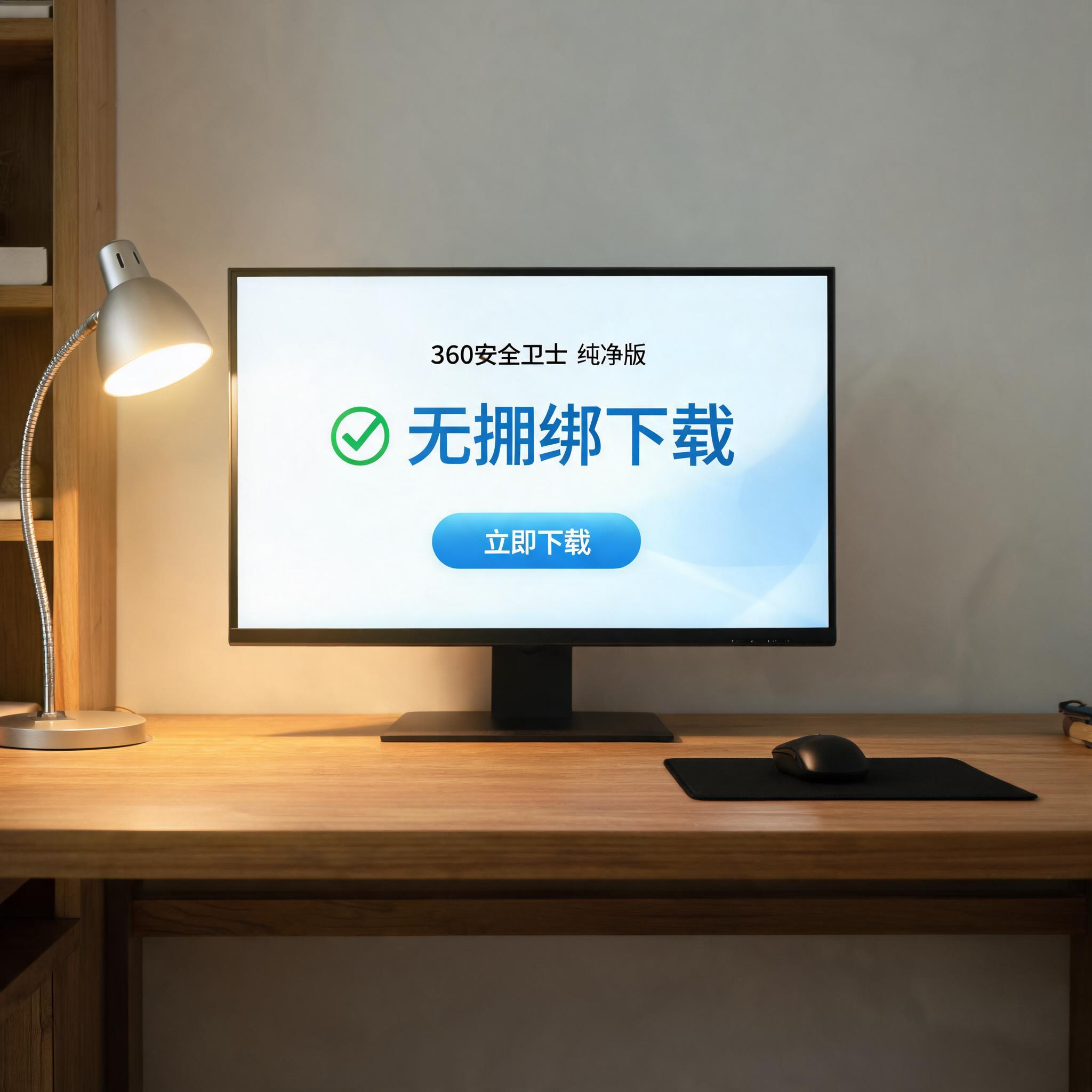 电脑桌上的电脑，屏幕显示360 卫士纯净版无捆绑下载桌面，旁边放着台灯