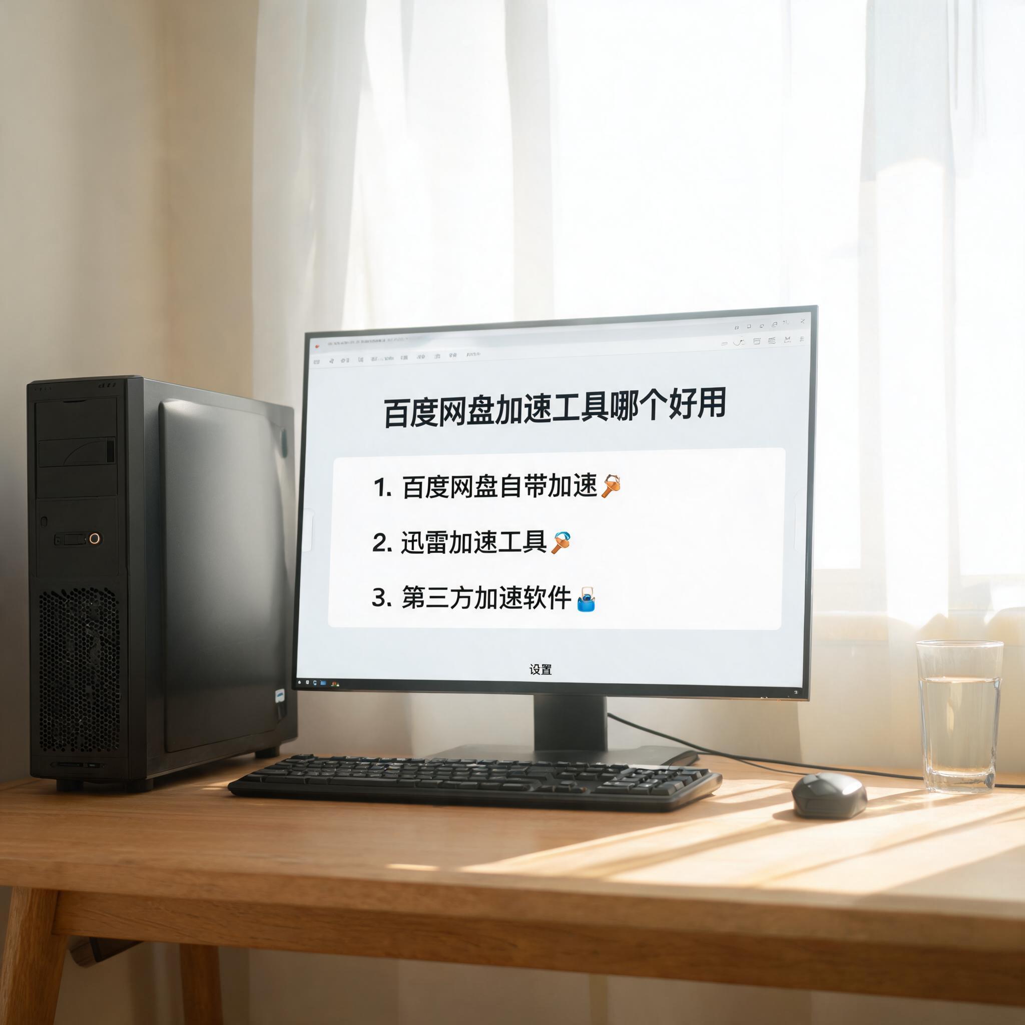 书桌上的主机，屏幕显示百度网盘加速工具哪个好用设置界面，桌角放着水杯，自然光