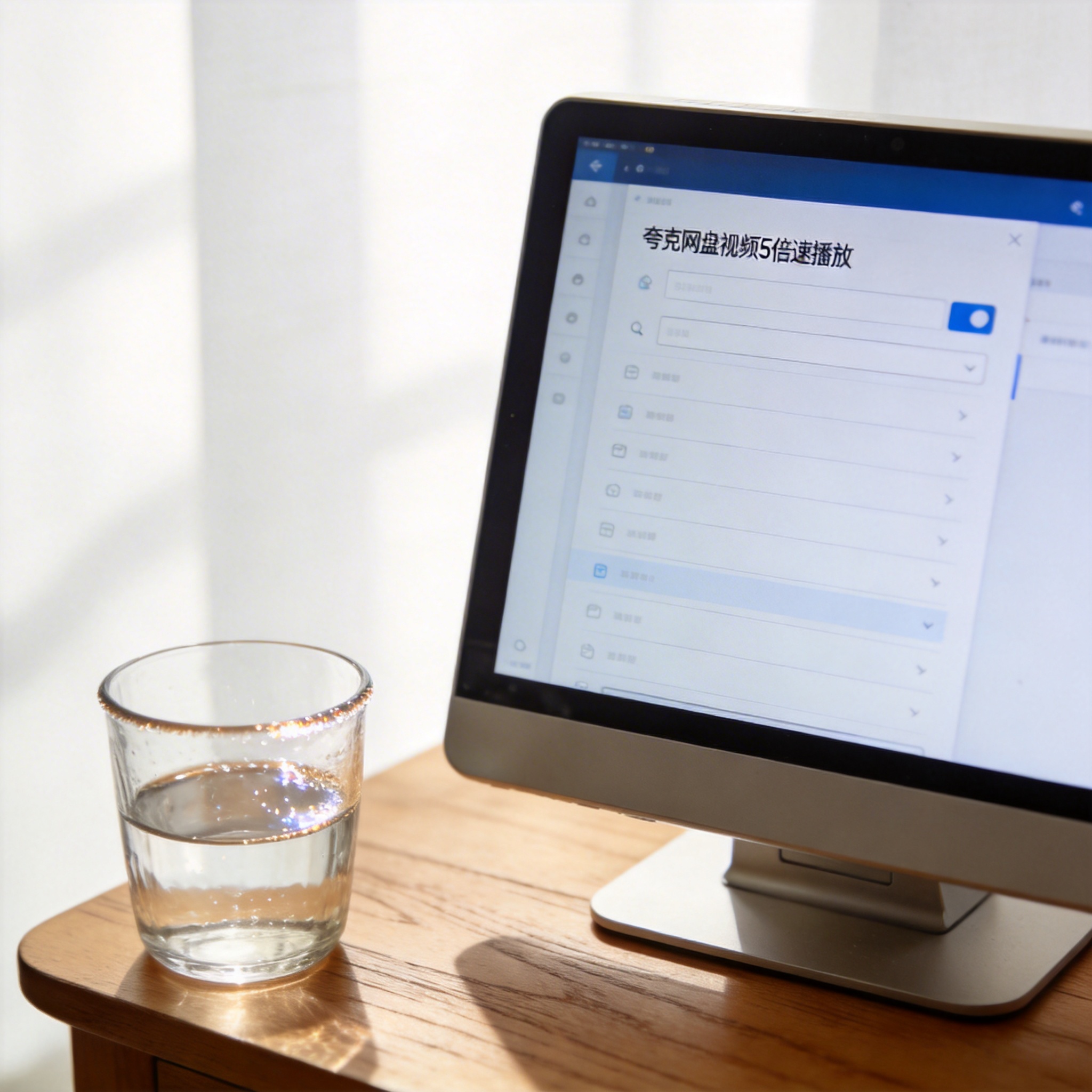 书桌上的主机，屏幕显示夸克网盘视频 5 倍速播放设置界面，桌角放着水杯，自然光