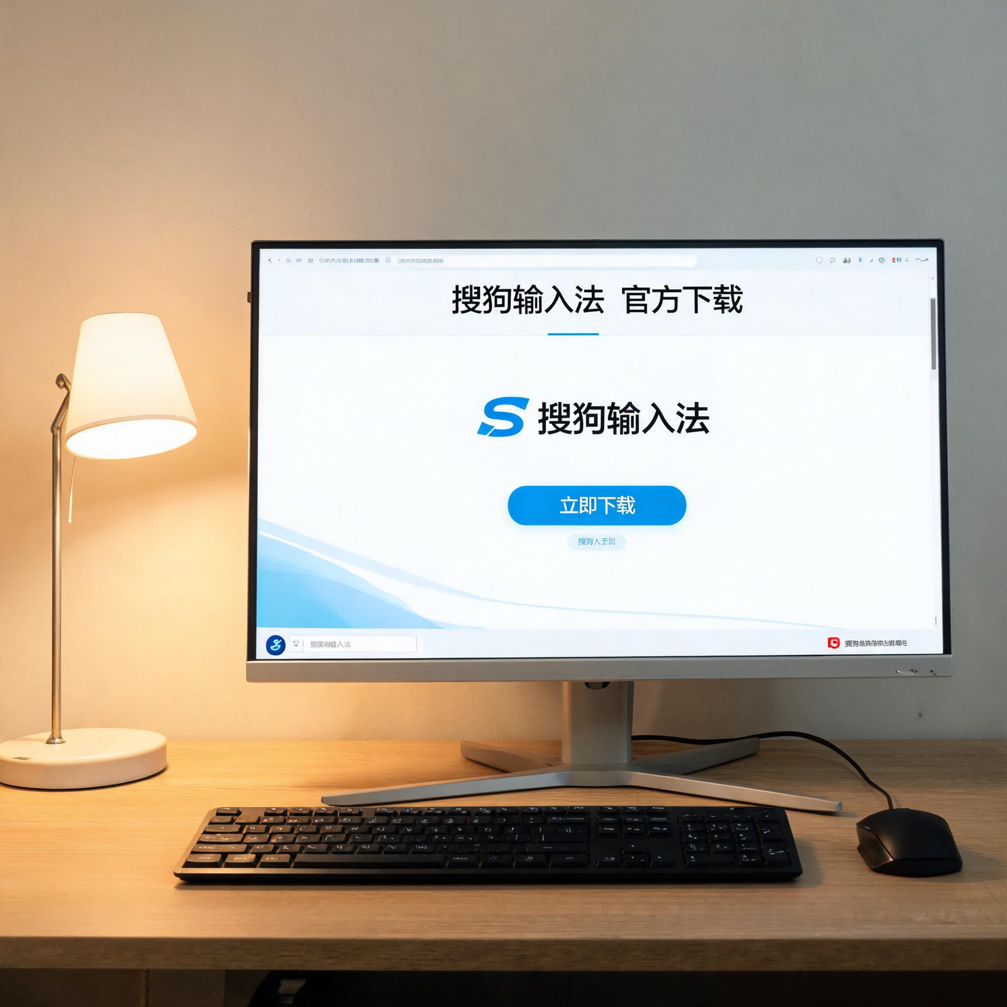 电脑桌上的电脑，屏幕显示搜狗输入法官方下载界面，旁边放着台灯