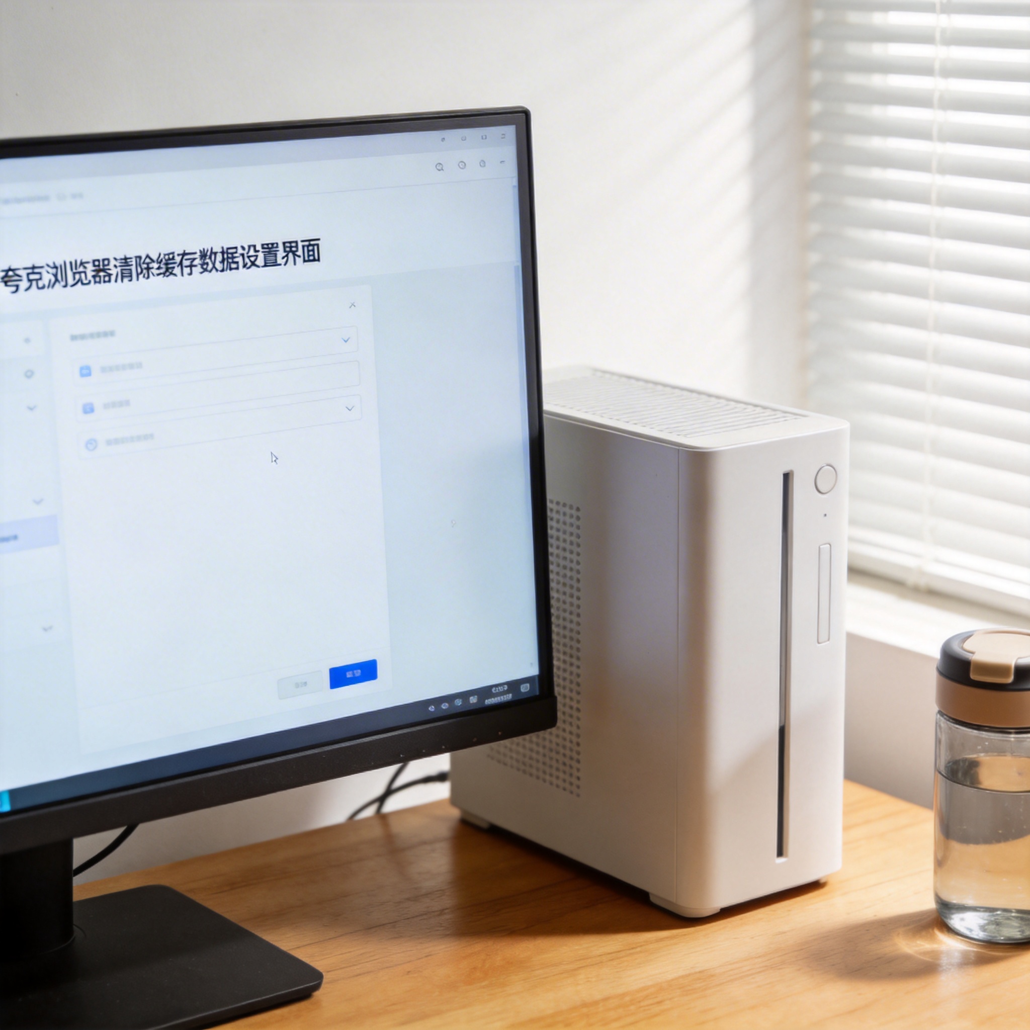 书桌上的主机，屏幕显示夸克浏览器怎么清除缓存数据设置界面，桌角放着水杯，自然光