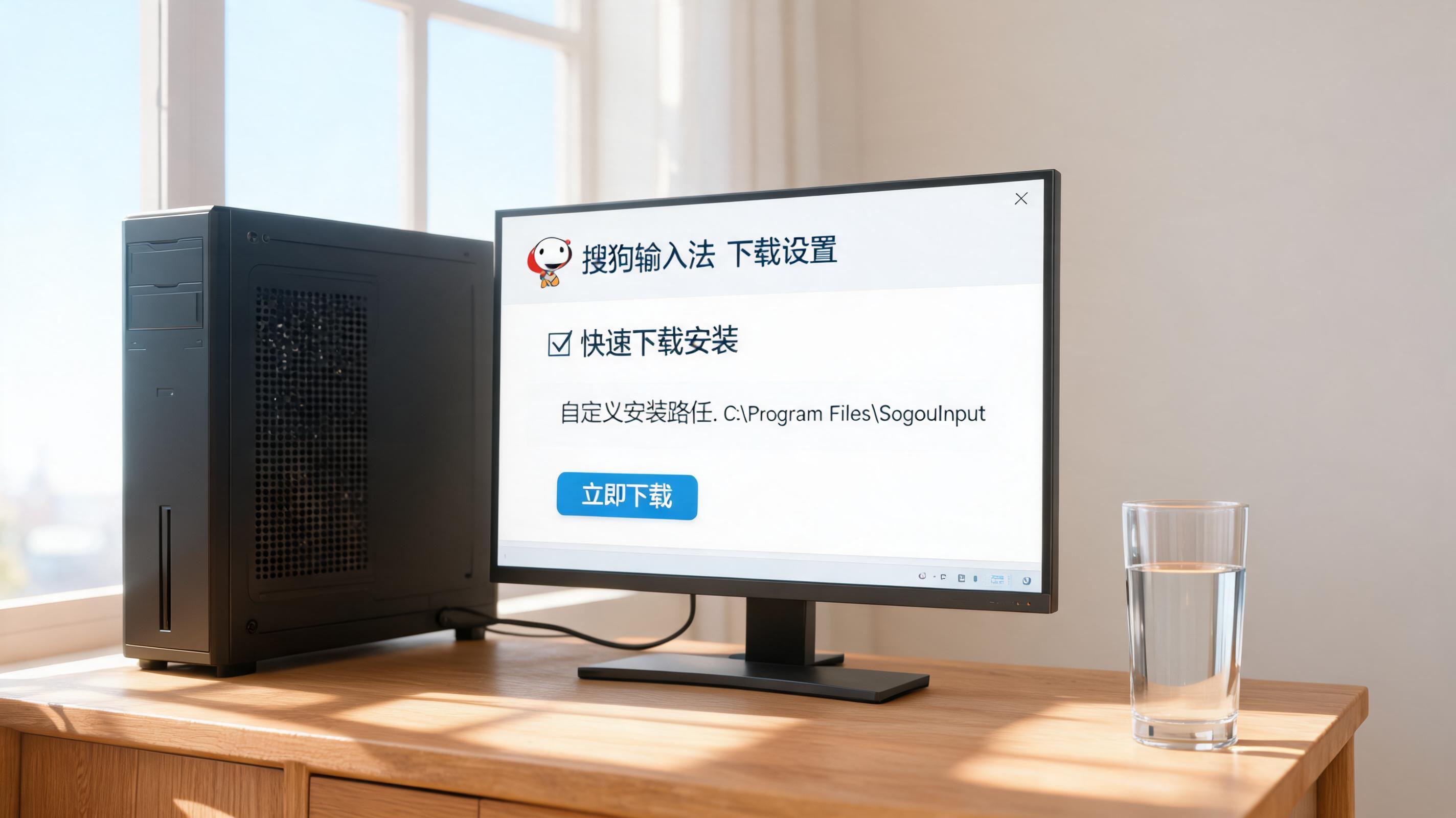 书桌上的主机，屏幕显示搜狗输入法下载设置界面，桌角放着水杯，自然光