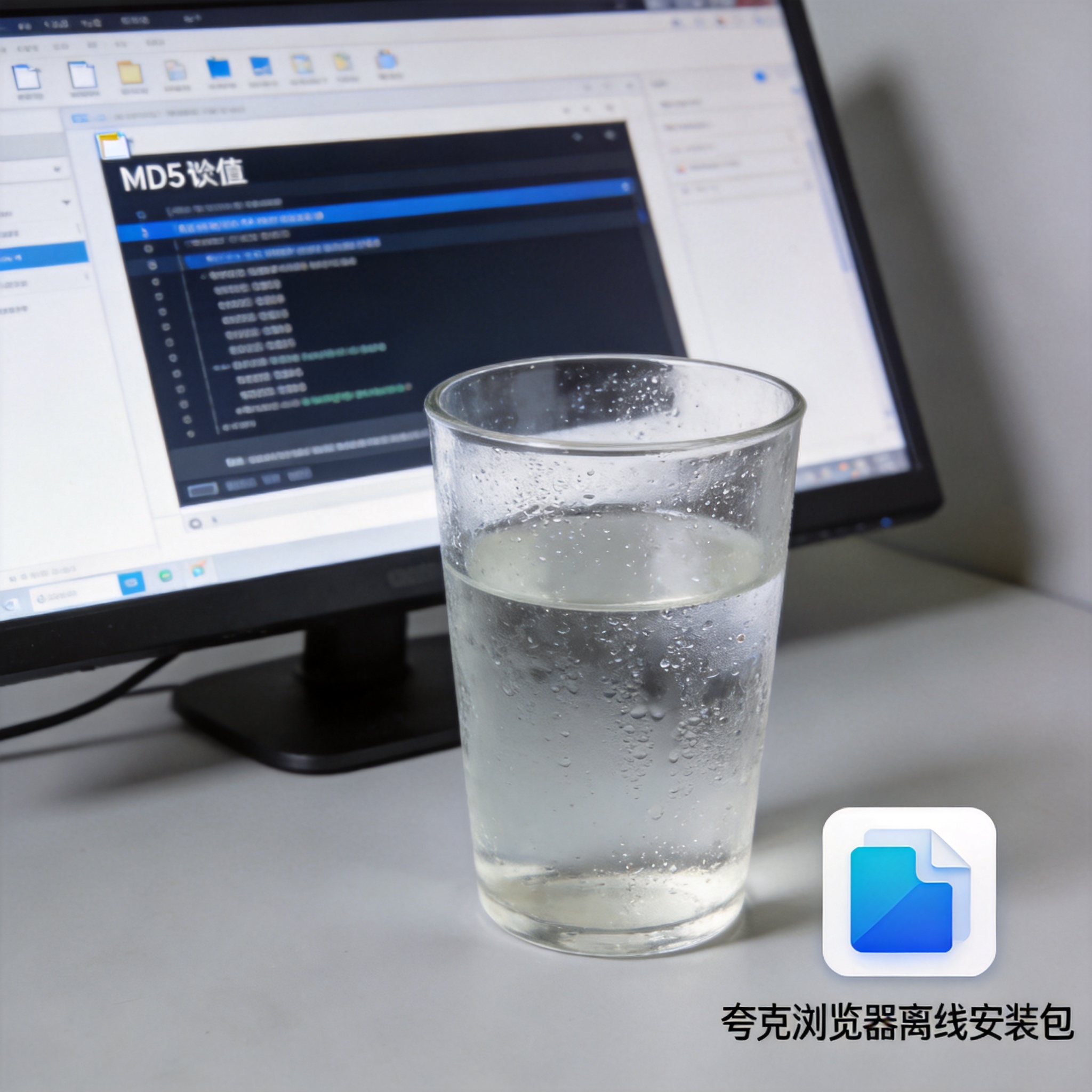 电脑屏幕显示文件MD5值校验界面，桌面右下角放着夸克浏览器离线安装包，旁边有半杯凉白开，室内自然光