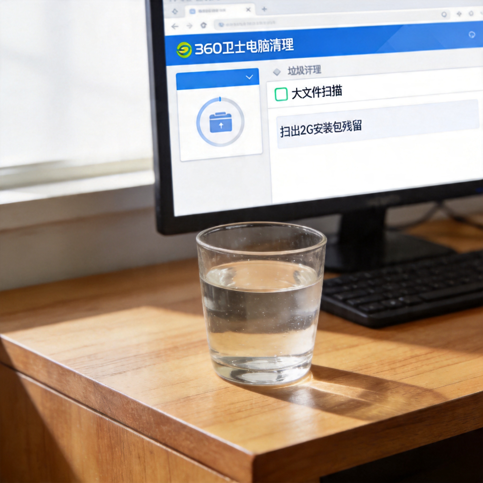 电脑桌的电脑屏幕显示360卫士电脑清理界面，垃圾清理板块勾选着大文件扫描，显示扫出2G安装包残留，桌面放着半杯温水，室内自然光