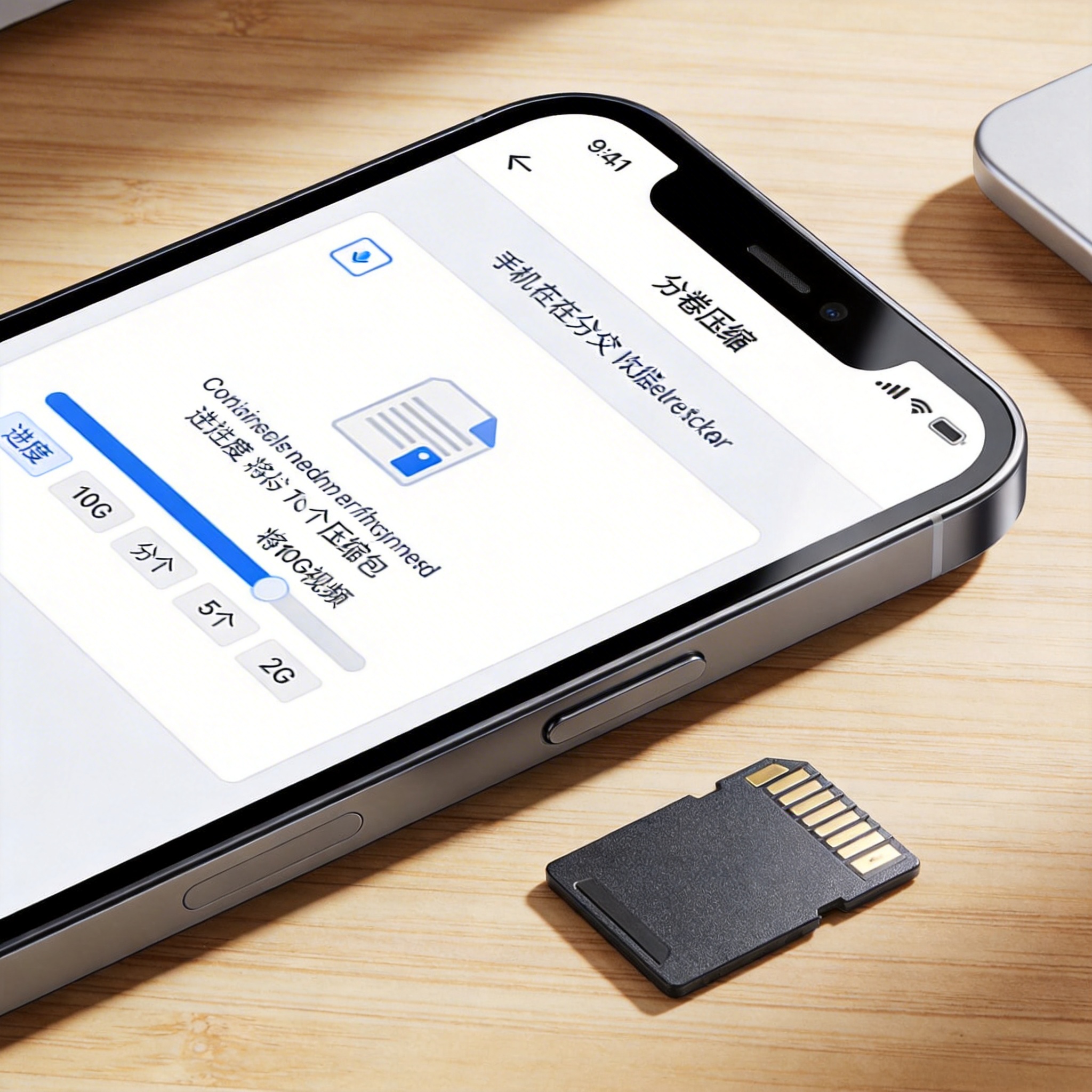 电脑桌的智能手机，屏幕显示手机文件压缩解压缩软件界面，正在进行分卷压缩，将10G视频分成5个2G压缩包，旁边放着SD卡，室内自然光