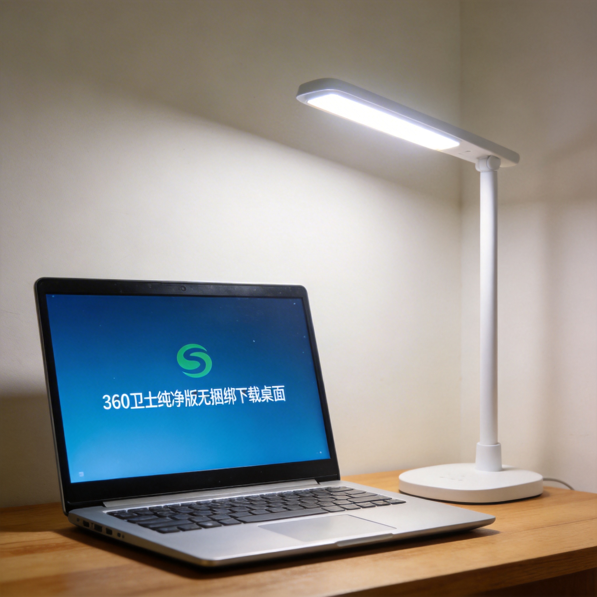 电脑桌上的电脑，屏幕显示360 卫士纯净版无捆绑下载桌面，旁边放着台灯