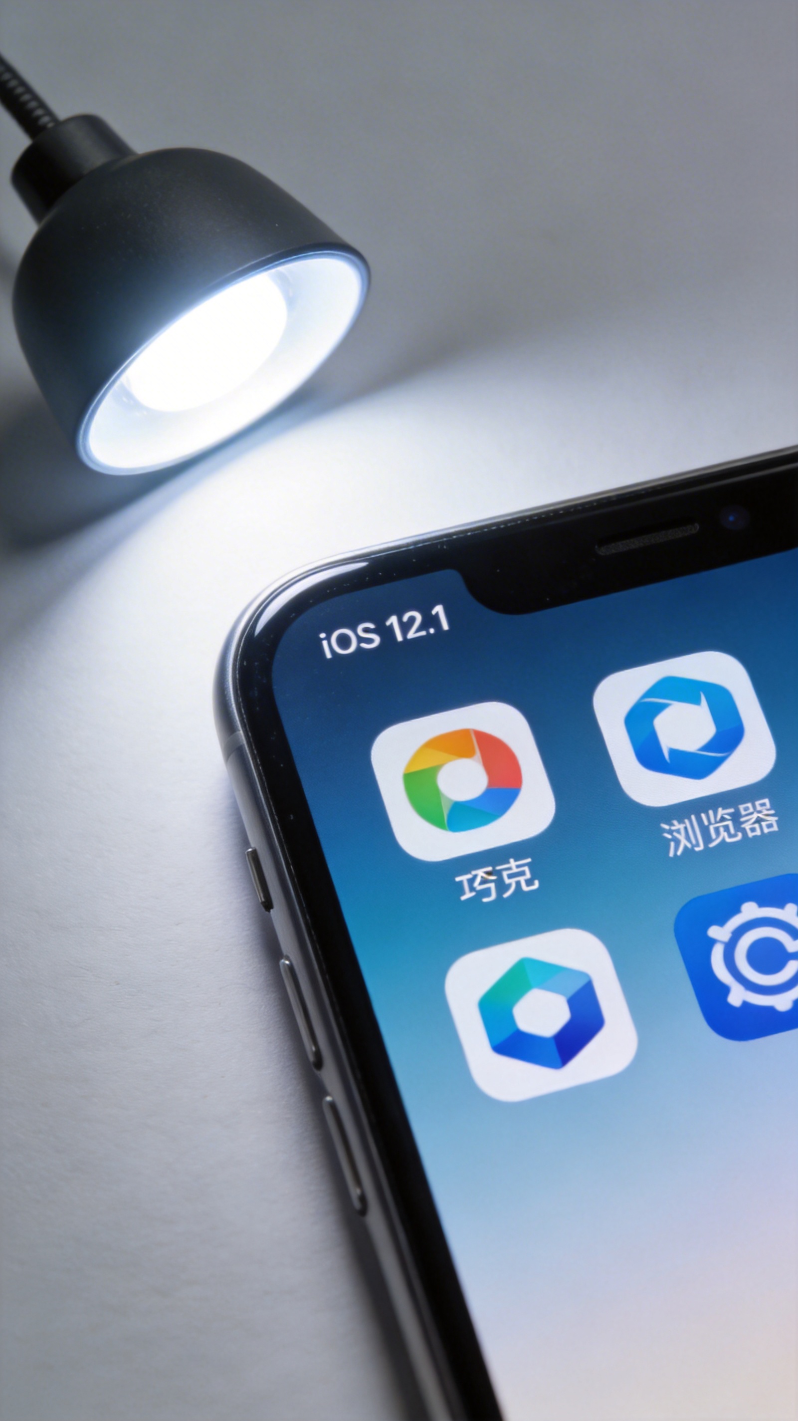 苹果手机桌面，夸克浏览器图标在第二行第三个位置，屏幕显示iOS12.1系统版本信息，台灯冷白光