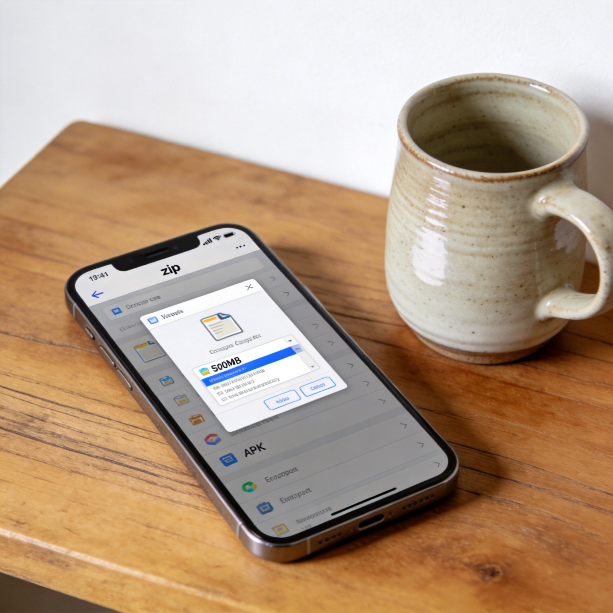 桌面放着安卓手机，屏幕显示zip解压缩工具界面，正在预览500MB压缩包内的APK文件，旁边放着陶瓷水杯，室内自然光