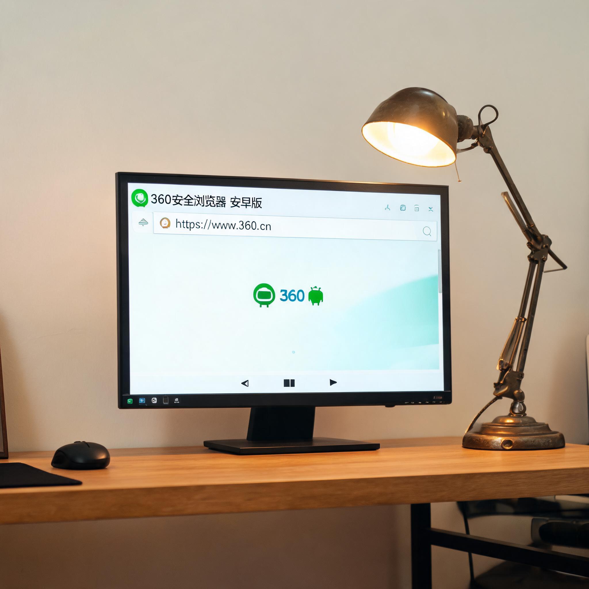 电脑桌上的电脑，屏幕显示360 安全浏览器安卓版界面，旁边放着台灯