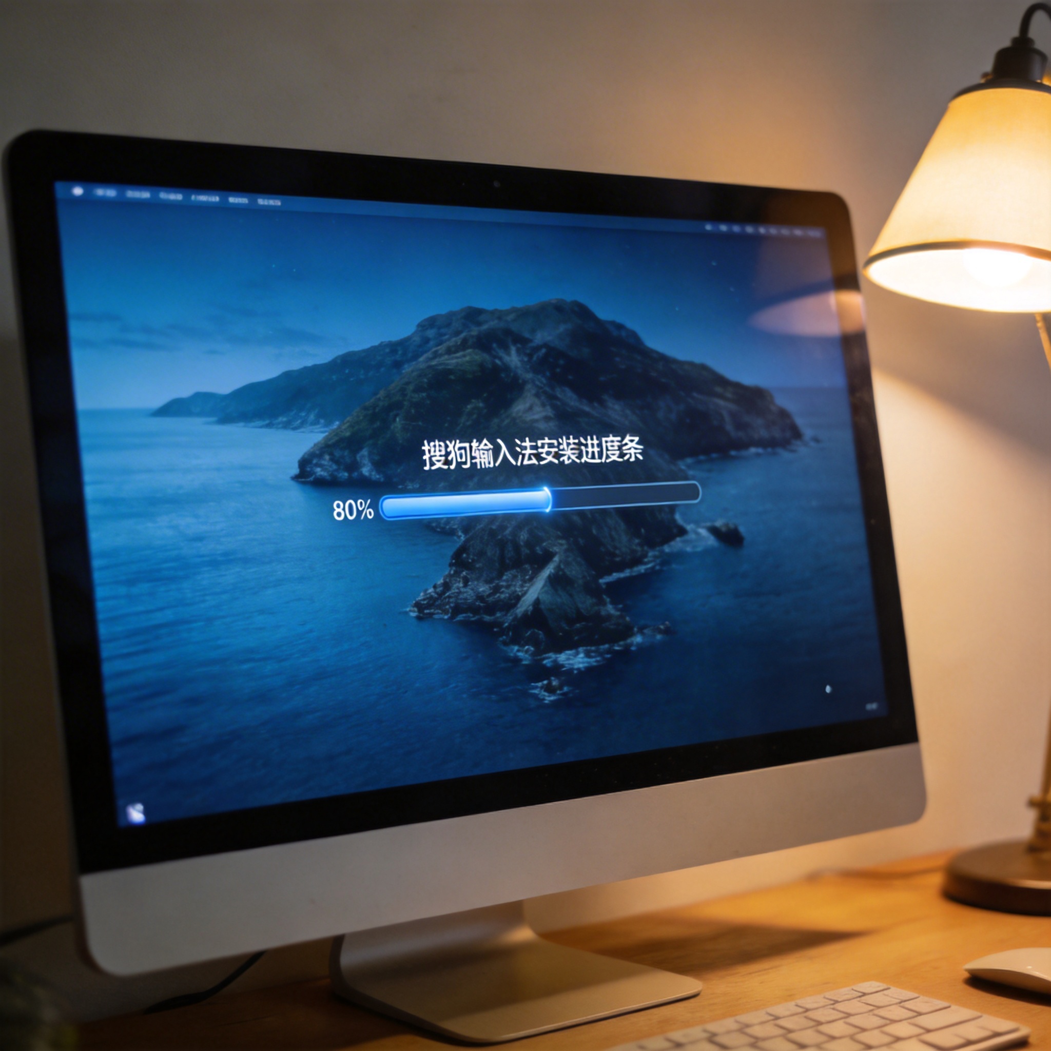 电脑屏幕显示搜狗输入法安装进度条，进度条走到80%，桌面背景是蓝色风景图，桌角有一盏打开的台灯