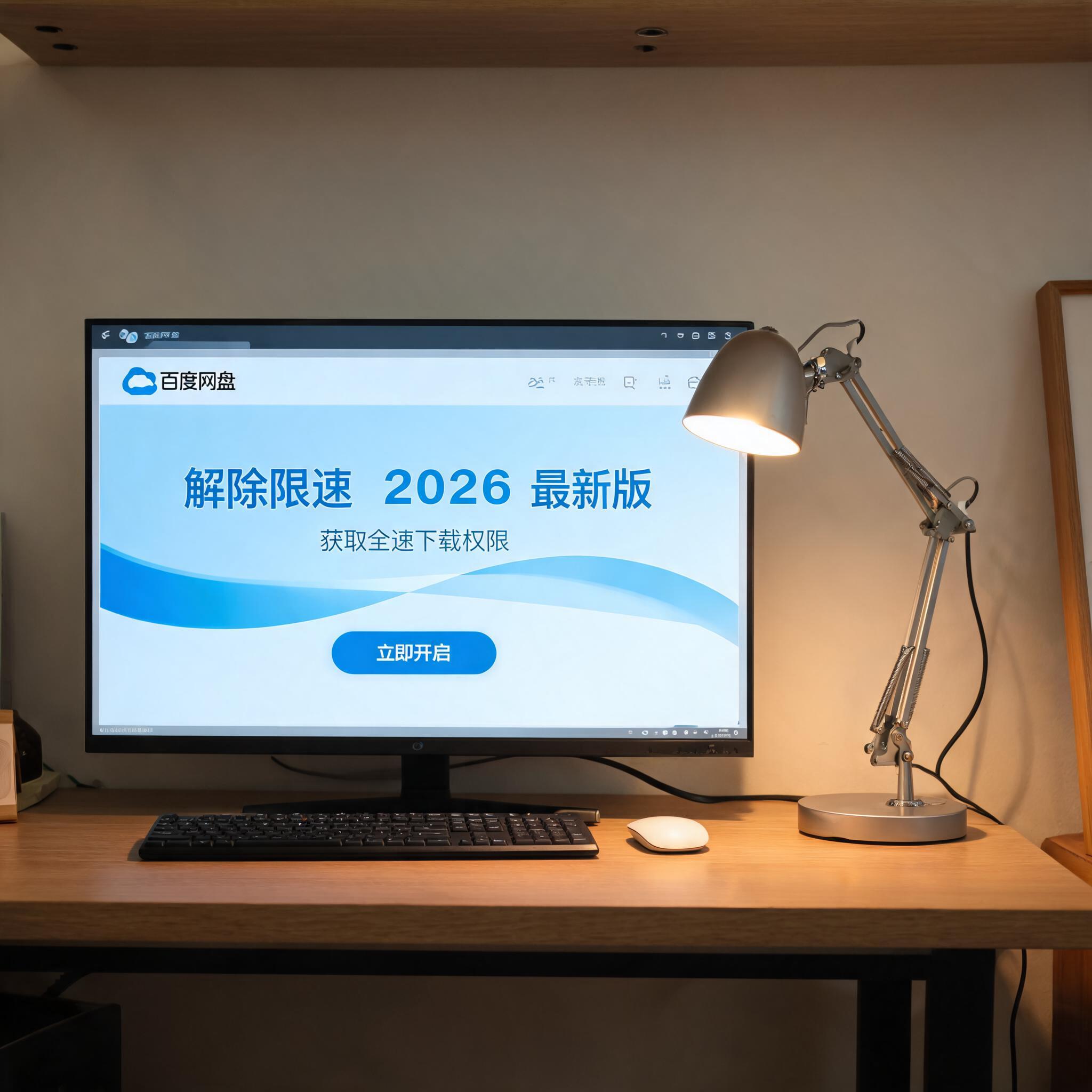 电脑桌上的电脑，屏幕显示百度网盘解除限速 2026 最新界面，旁边放着台灯