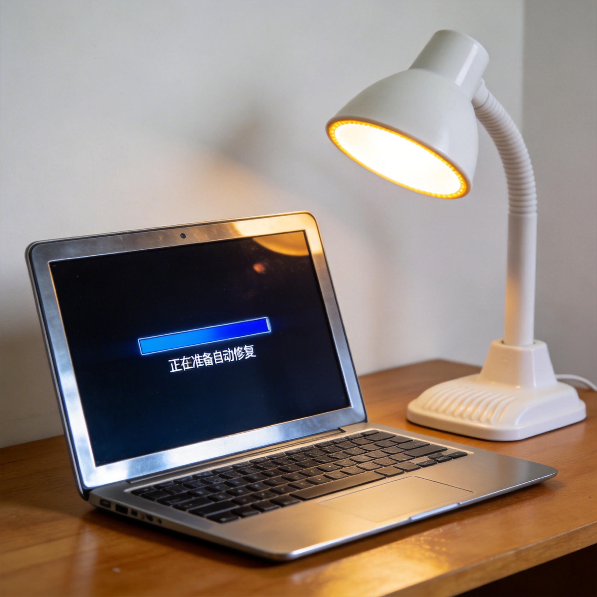 电脑桌上的电脑，屏幕显示Windows进度条，旁边放着台灯