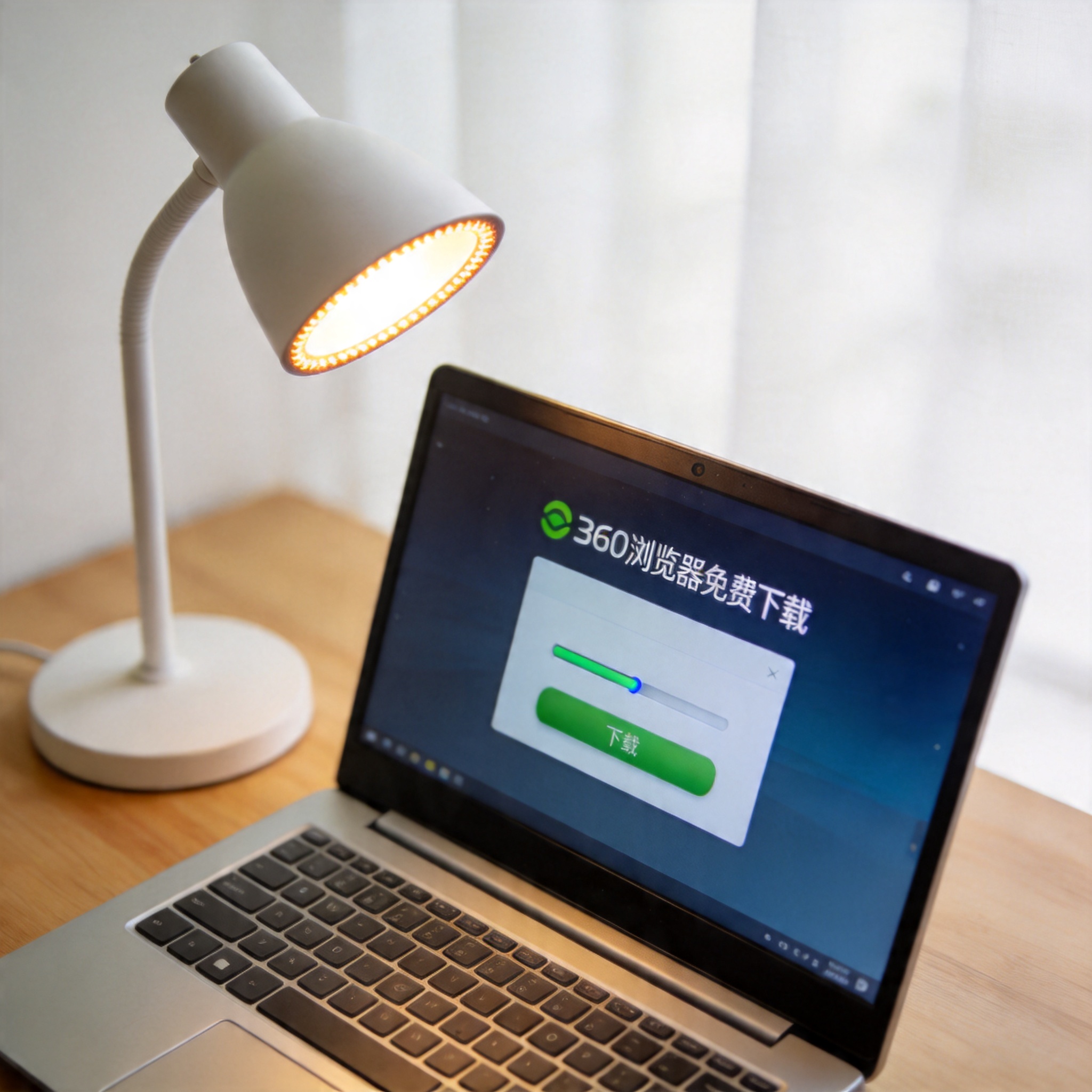 电脑桌上的电脑，屏幕显示360 浏览器免费下载界面，旁边放着台灯