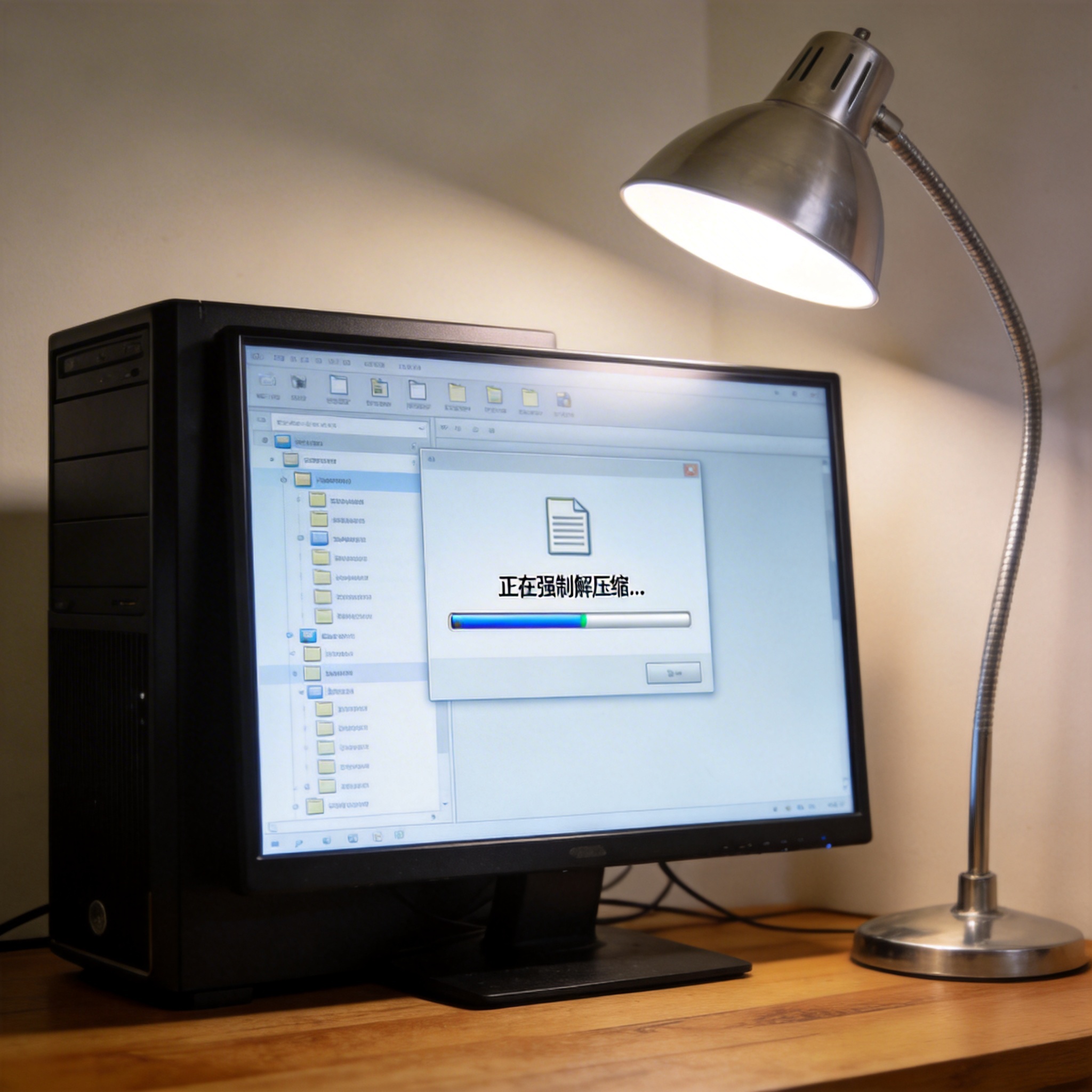 电脑桌上的台式机，屏幕显示加密压缩包强制解压缩界面，旁边放着台灯