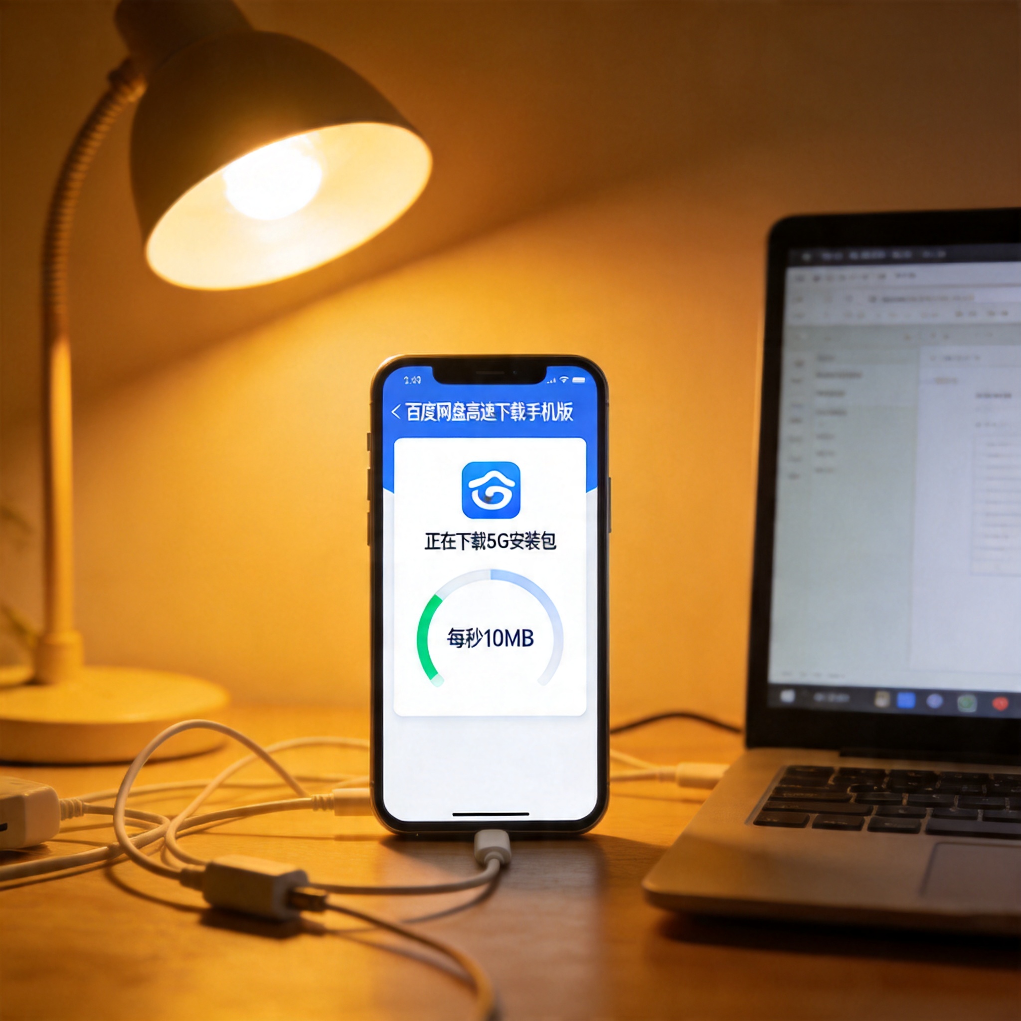 电脑桌的手机屏幕显示百度网盘高速下载手机版界面，正在下载5G安装包，速度显示每秒10MB，桌面散落着充电线，台灯暖光