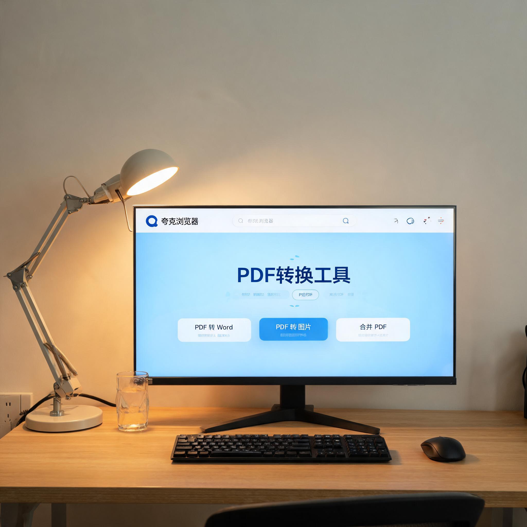 电脑桌上的电脑，屏幕显示夸克浏览器 PDF 转换工具界面，旁边放着台灯