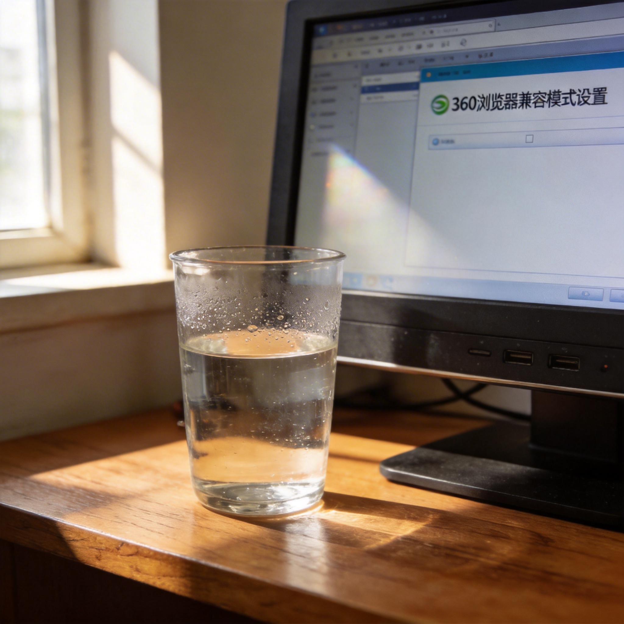 书桌上的主机，屏幕显示360 浏览器兼容模式设置设置界面，桌角放着水杯，自然光