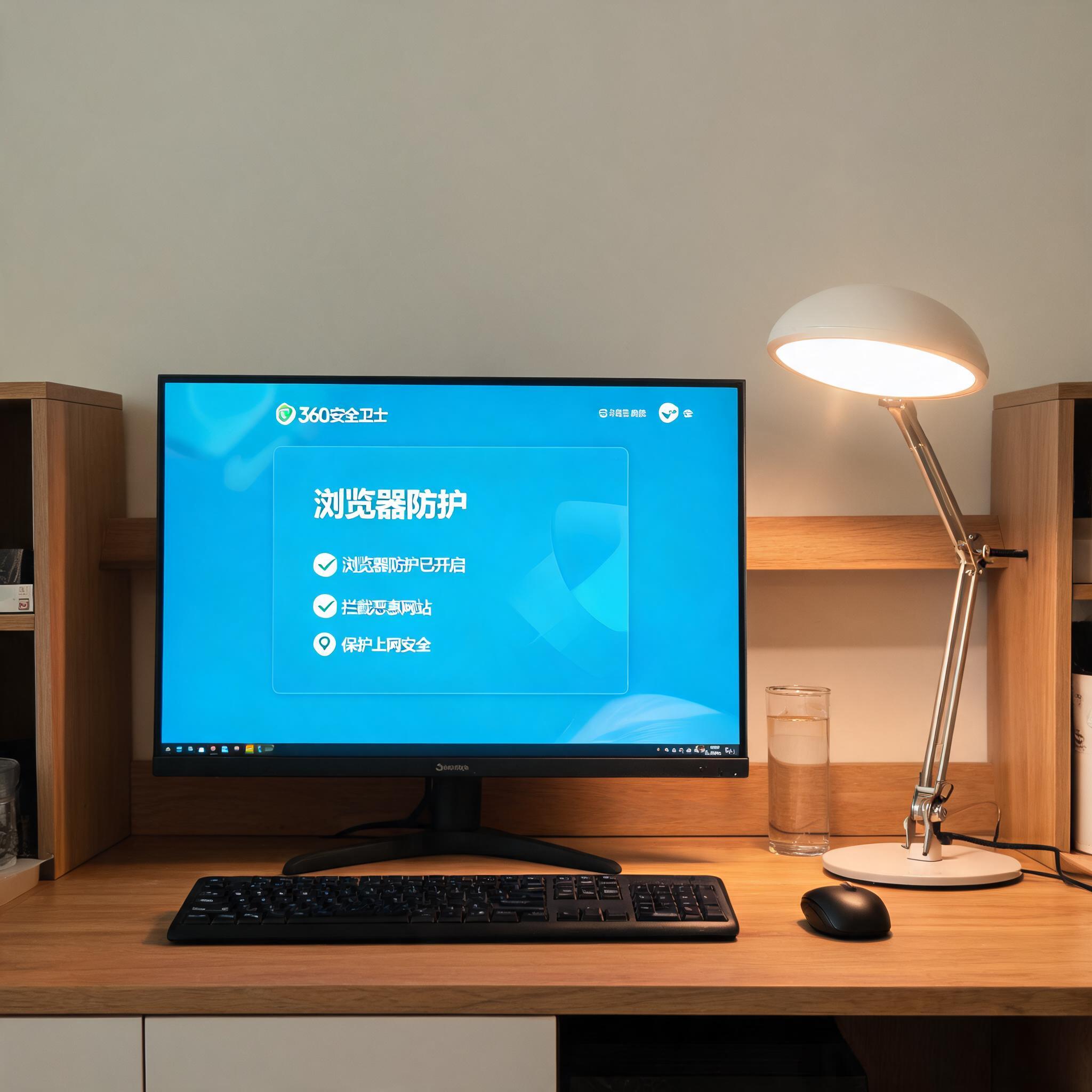 电脑桌上的电脑，屏幕显示360 卫士浏览器防护功能界面，旁边放着台灯
