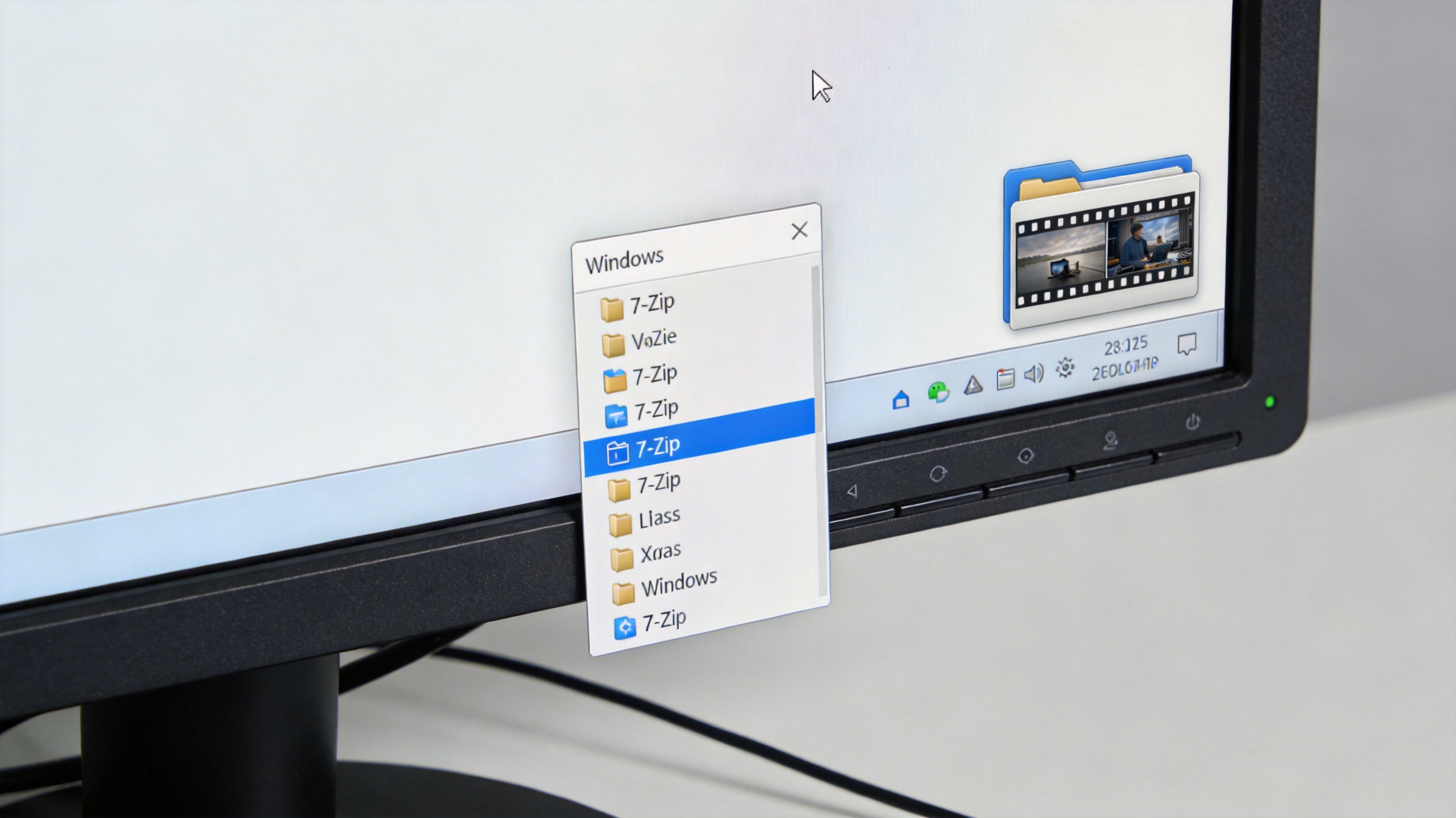 电脑桌面，屏幕显示Windows系统右键菜单，7Zip选项在菜单列表里，旁边放着存有视频素材的文件夹，室内自然光