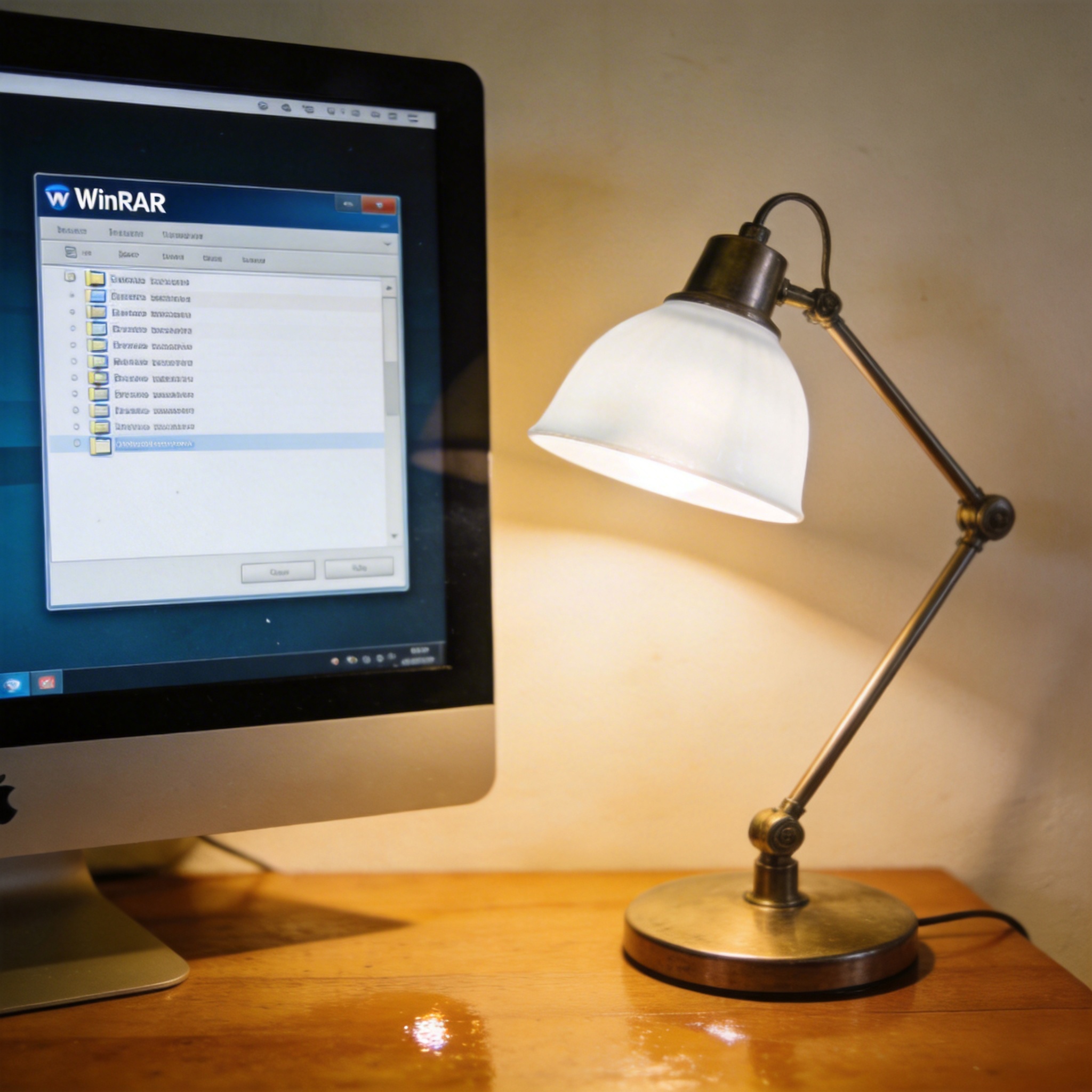 电脑桌上的电脑，屏幕显示winrar窗口，旁边放着台灯