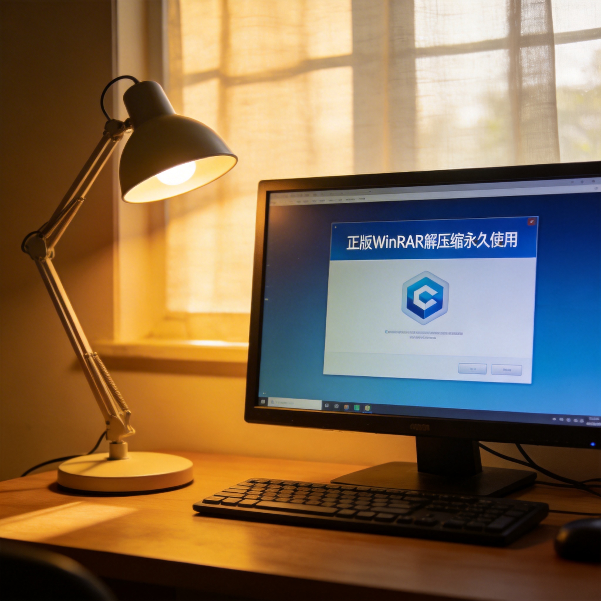 电脑桌上的电脑，屏幕显示正版 winrar 解压缩永久使用界面，旁边放着台灯