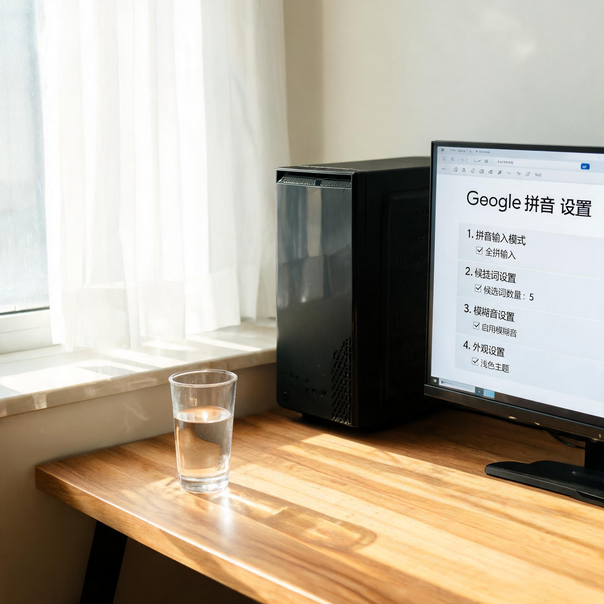书桌上的主机，屏幕显示Guge拼音搜索类设置界面，桌角放着水杯，自然光