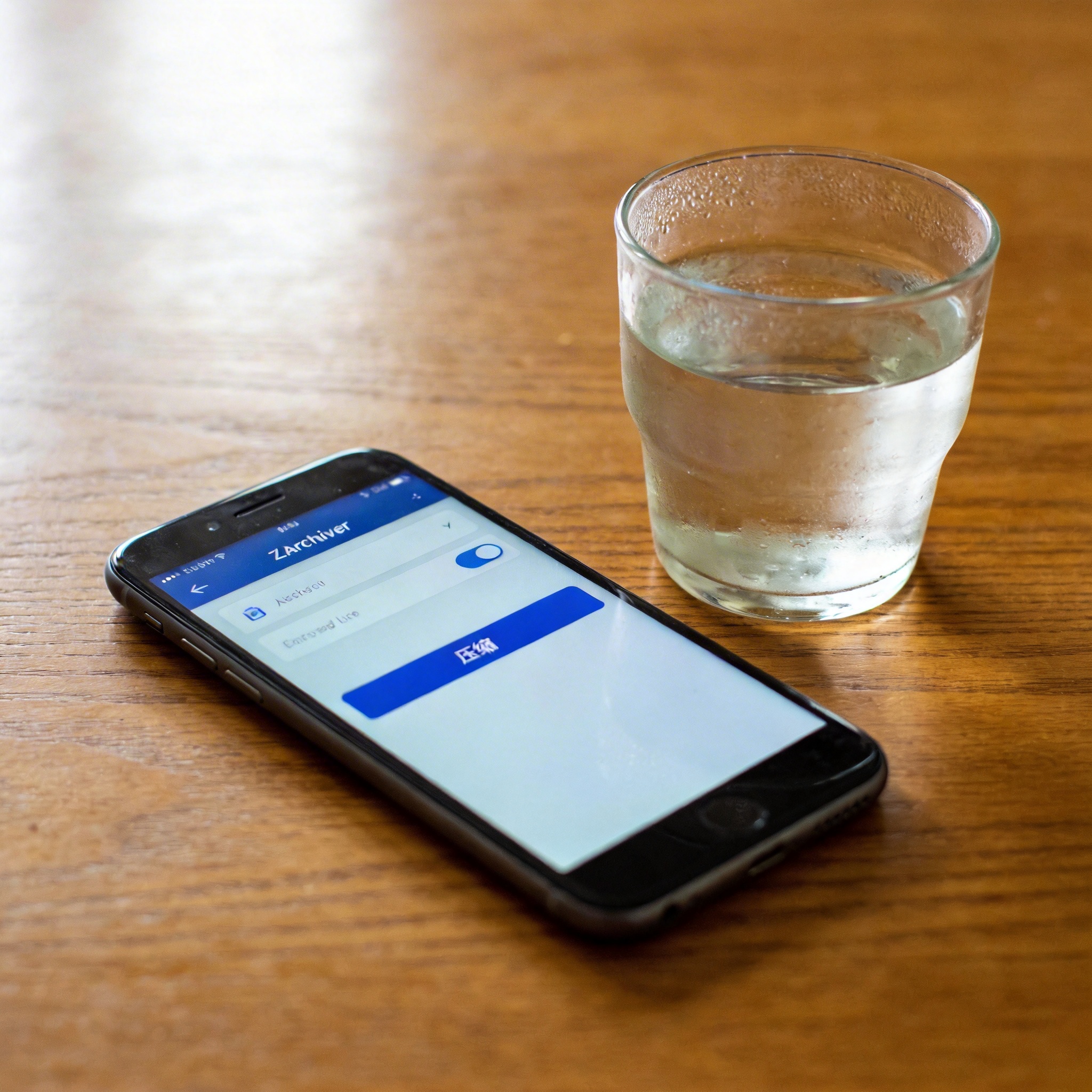 桌面放着安卓手机，屏幕显示ZArchiver工具界面，页面里有压缩选项，旁边放着半杯温水，室内自然光