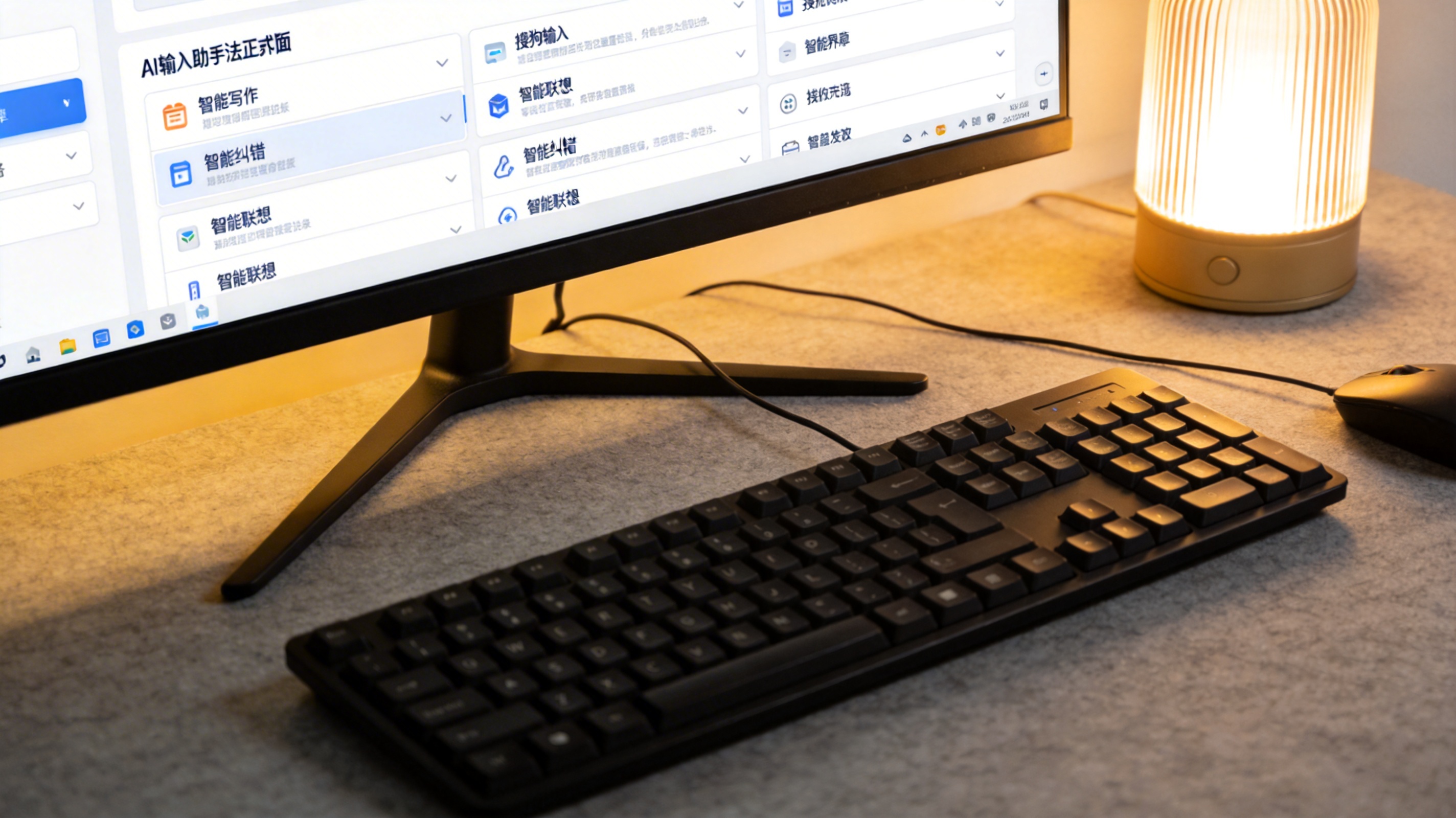 台式机屏幕显示搜狗输入法正式版的AI输入助手设置界面，桌面有黑色有线键盘，台灯暖光