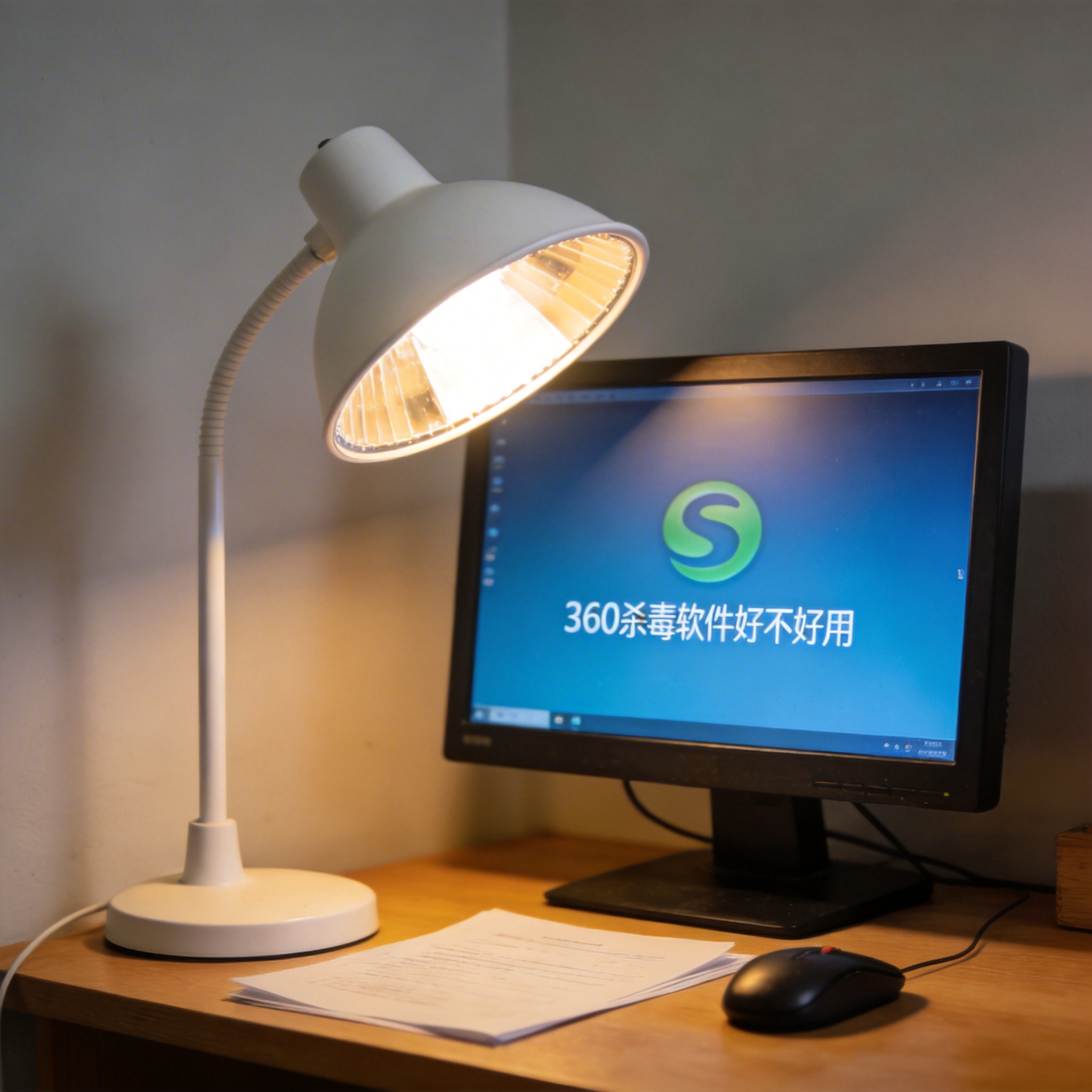 电脑桌上的电脑，屏幕显示360 杀毒软件好不好用桌面，旁边放着台灯