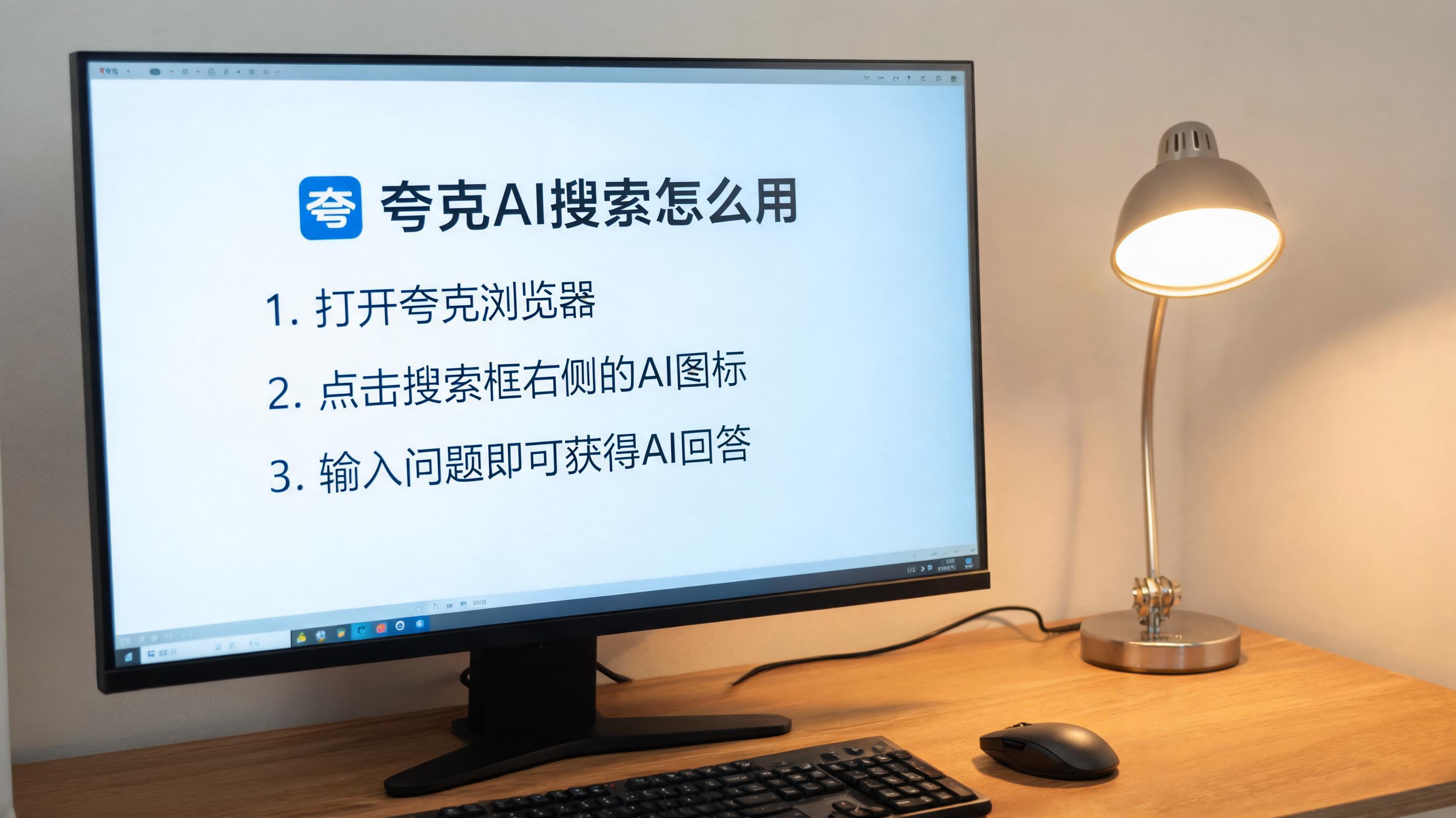电脑桌上的电脑，屏幕显示夸克浏览器 AI 搜索怎么用界面，旁边放着台灯