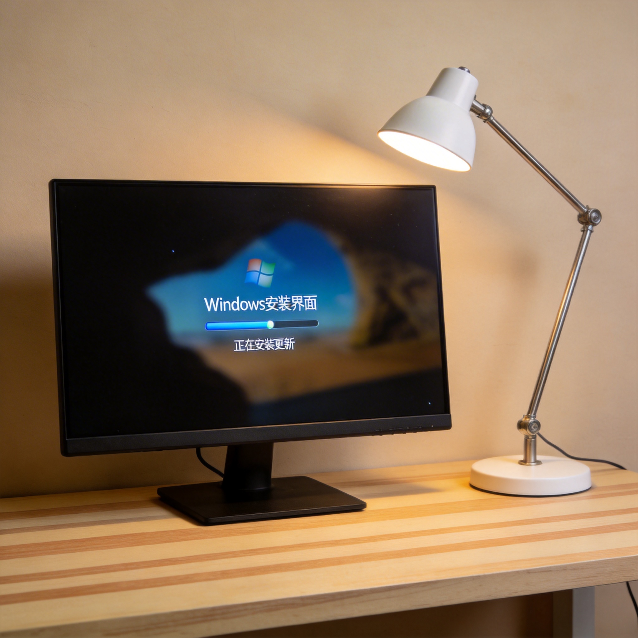 电脑桌上的电脑，屏幕显示Windows安装界面，旁边放着台灯