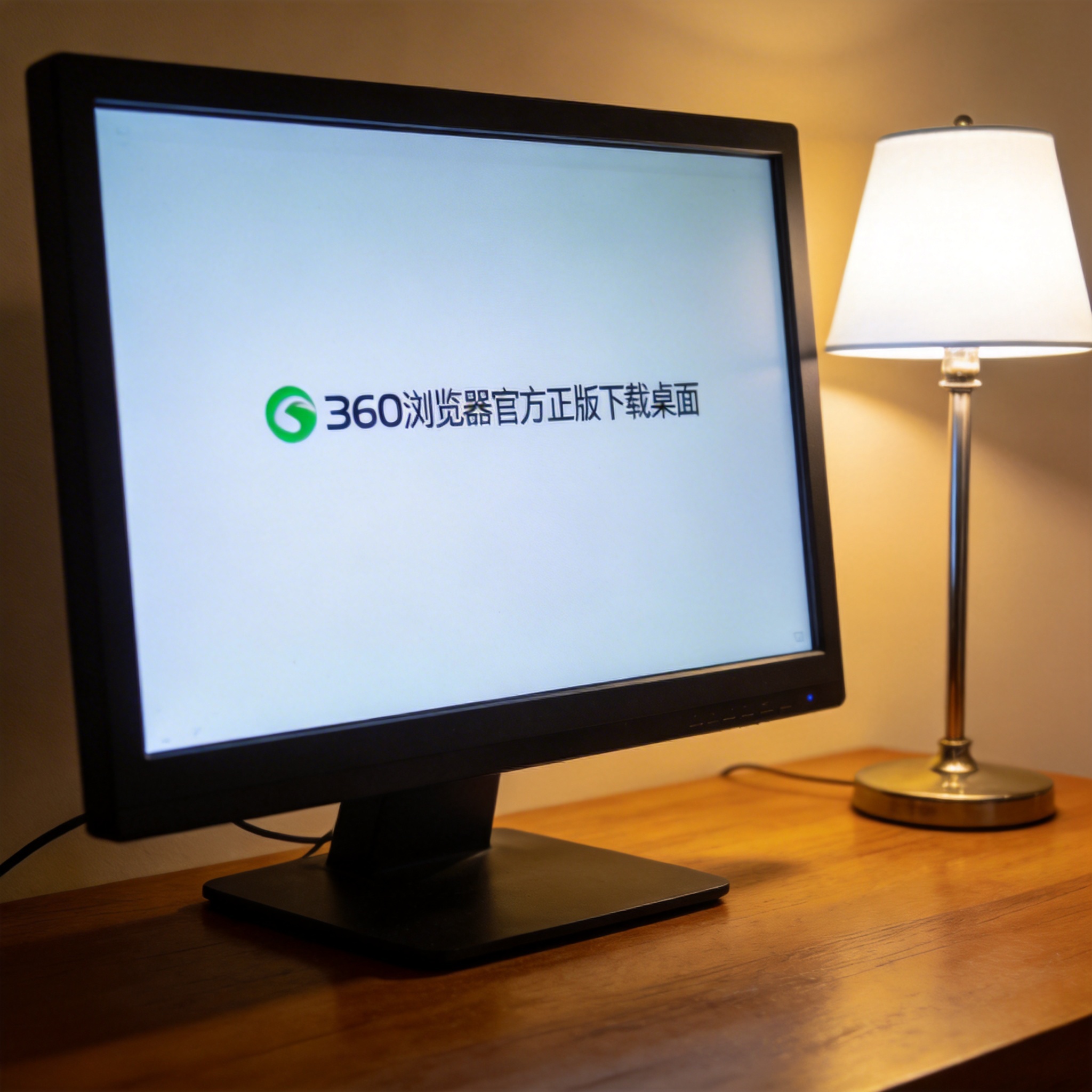 电脑桌上的电脑，屏幕显示360 浏览器官方正版下载桌面，旁边放着台灯
