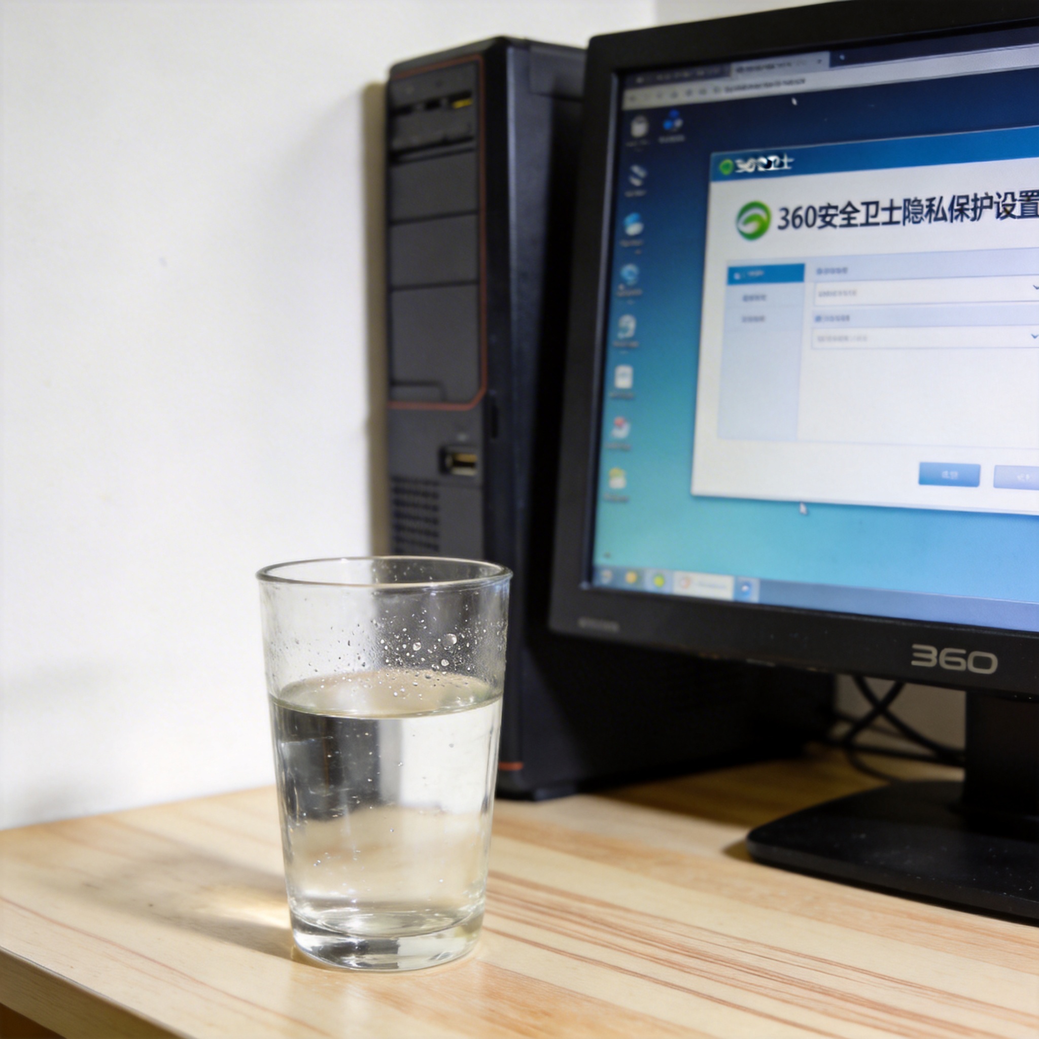 书桌上的主机，屏幕显示360 安全卫士隐私保护设置设置界面，桌角放着水杯，自然光