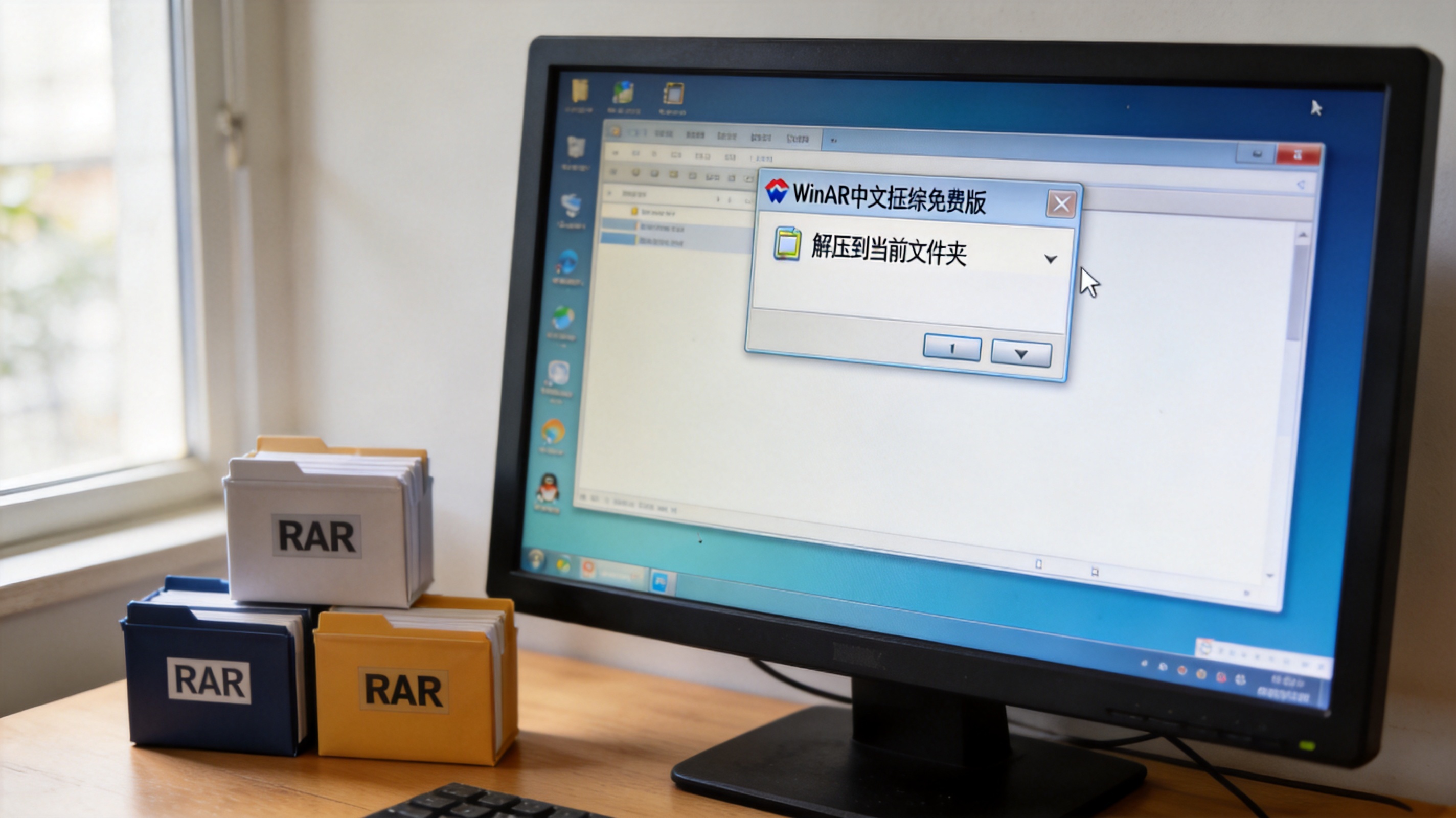 电脑桌面，屏幕显示WinRAR中文解压缩免费版右键菜单，菜单里有“解压到当前文件夹”选项，旁边放着几个rar格式压缩包，室内自然光
