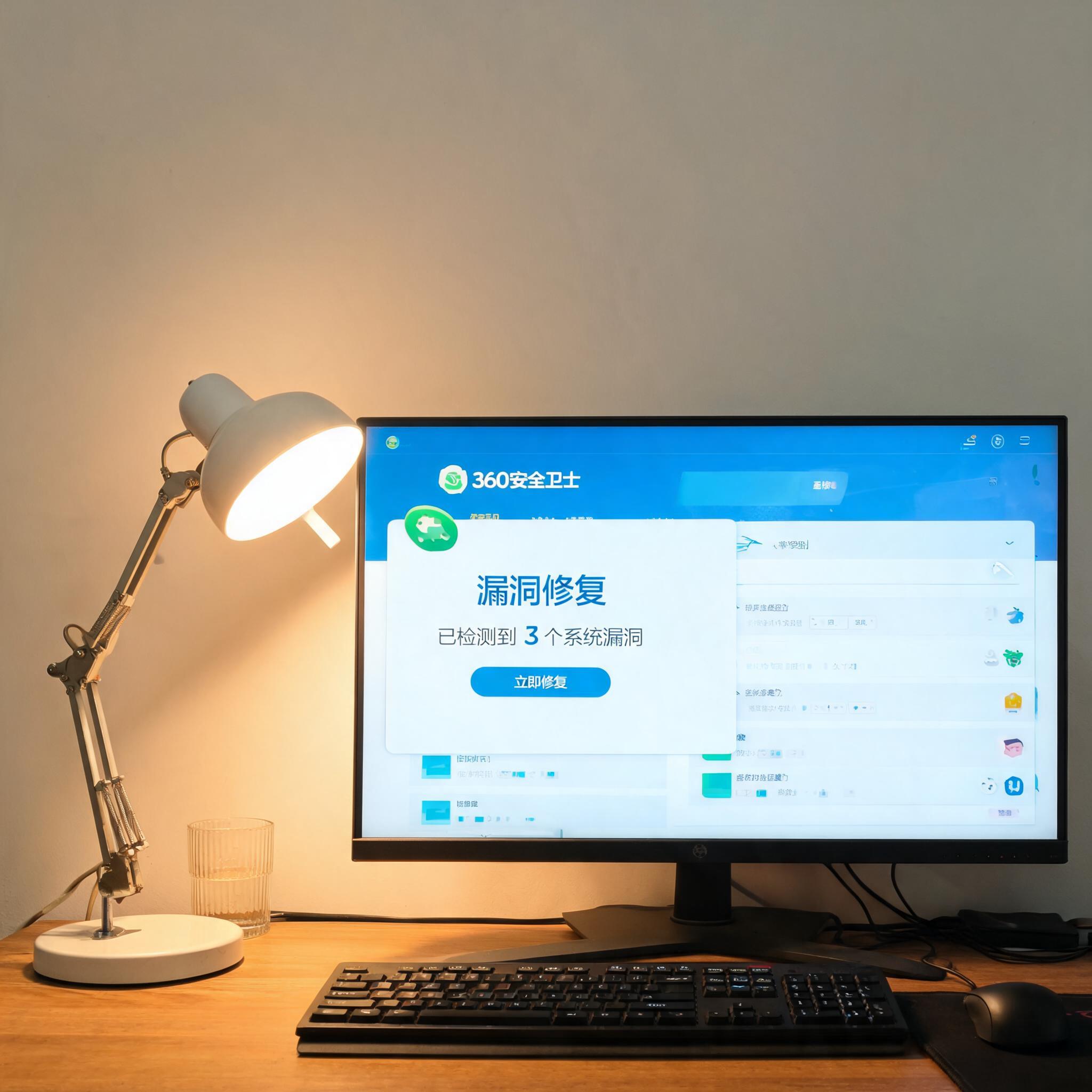 电脑桌上的电脑，屏幕显示360 卫士漏洞修复功能界面，旁边放着台灯