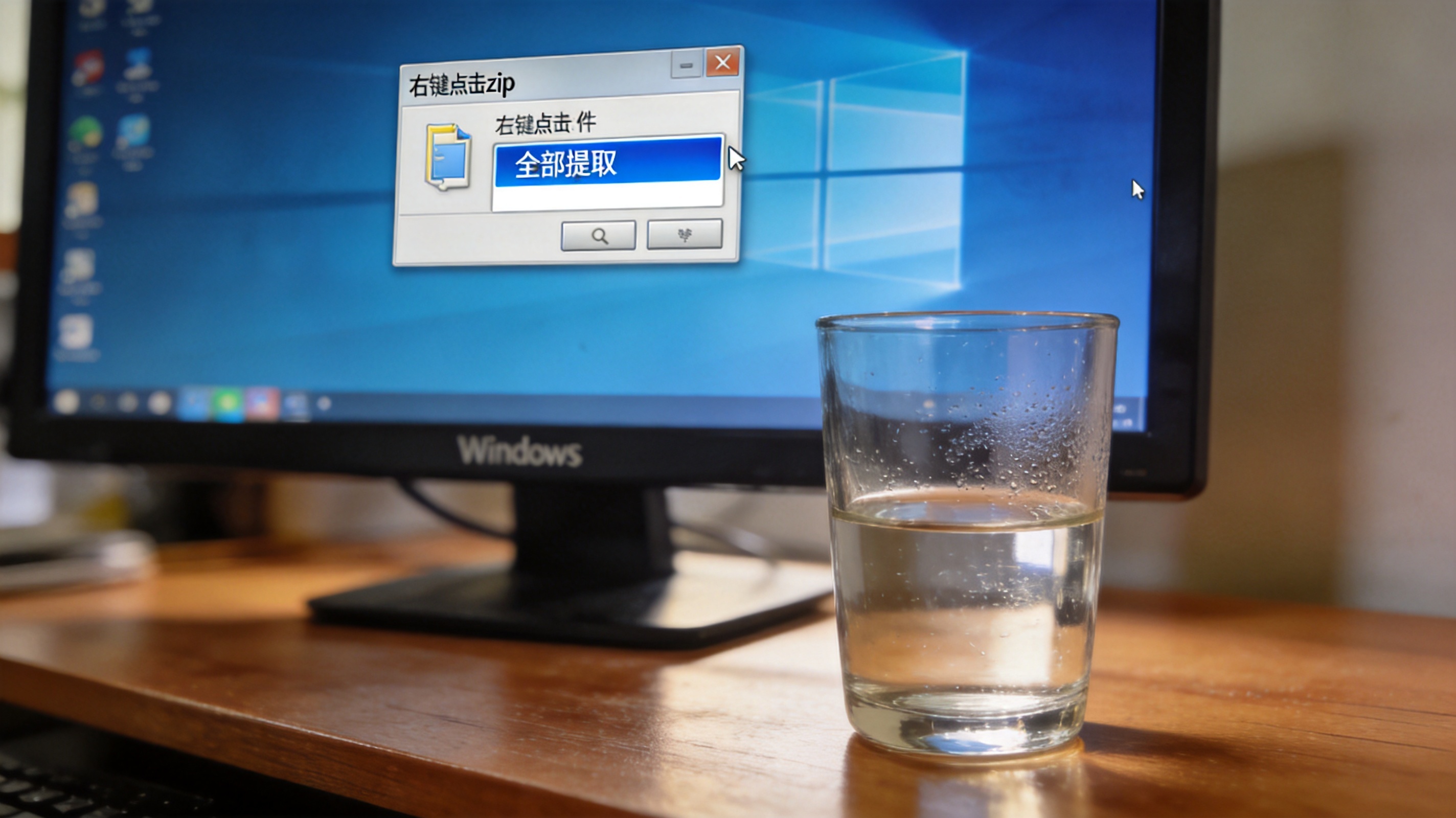 电脑桌的Windows系统电脑，屏幕显示右键zip文件弹出的菜单，“全部提取”选项高亮，桌面放着半杯温水，室内自然光