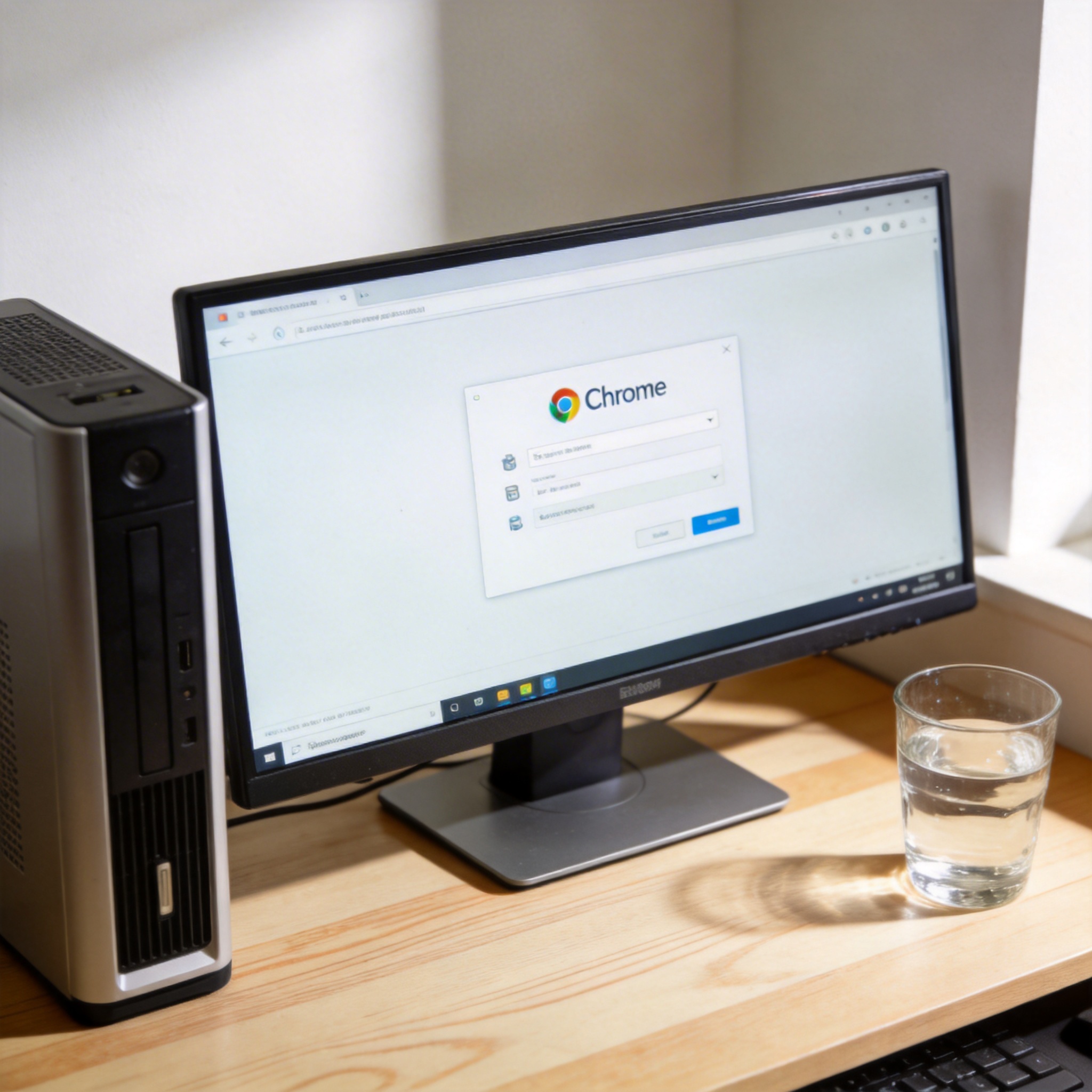 书桌上的主机，屏幕显示Chrome设置界面，桌角放着水杯，自然光