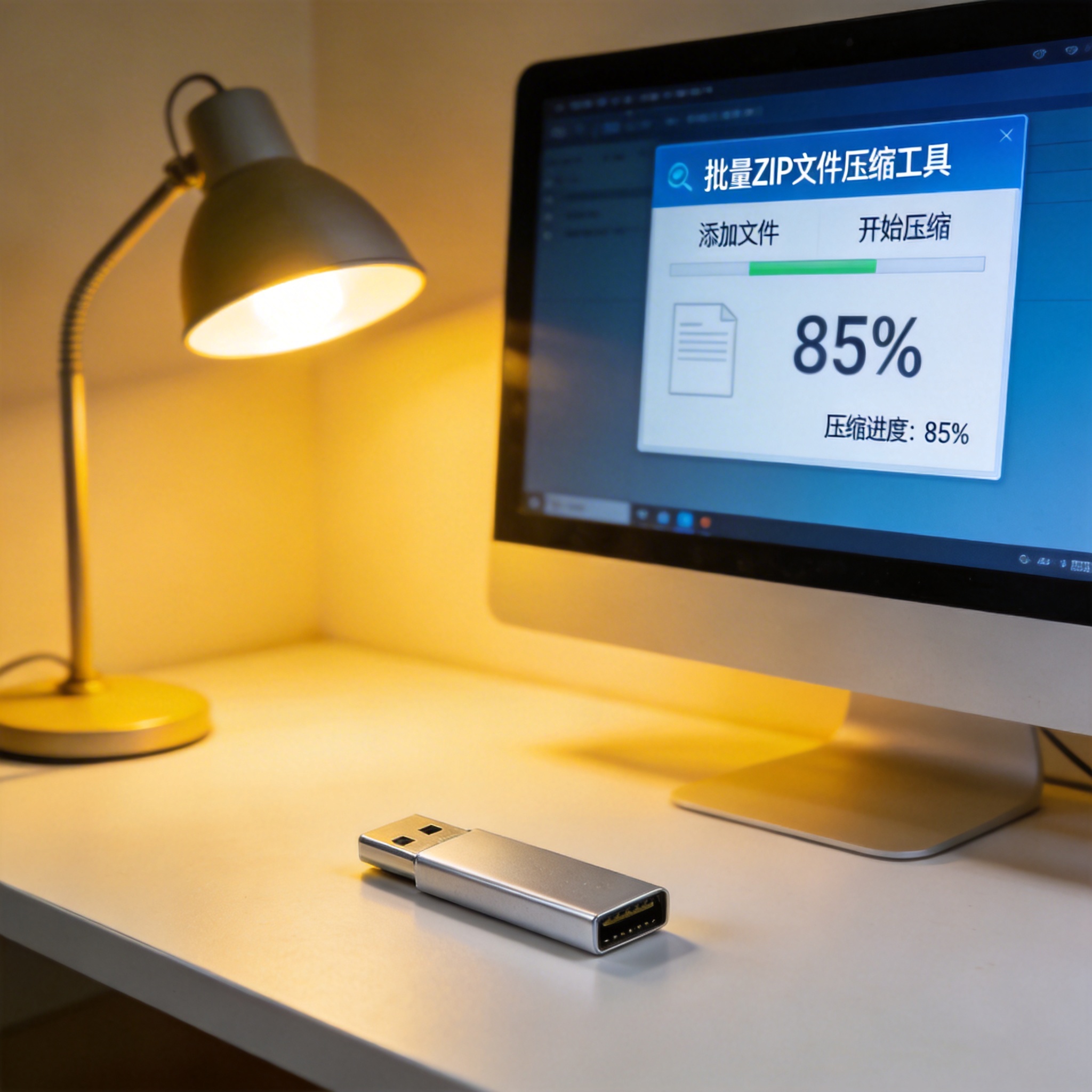 电脑桌上的U盘，屏幕显示批量 zip 文件压缩工具界面，旁边放着台灯