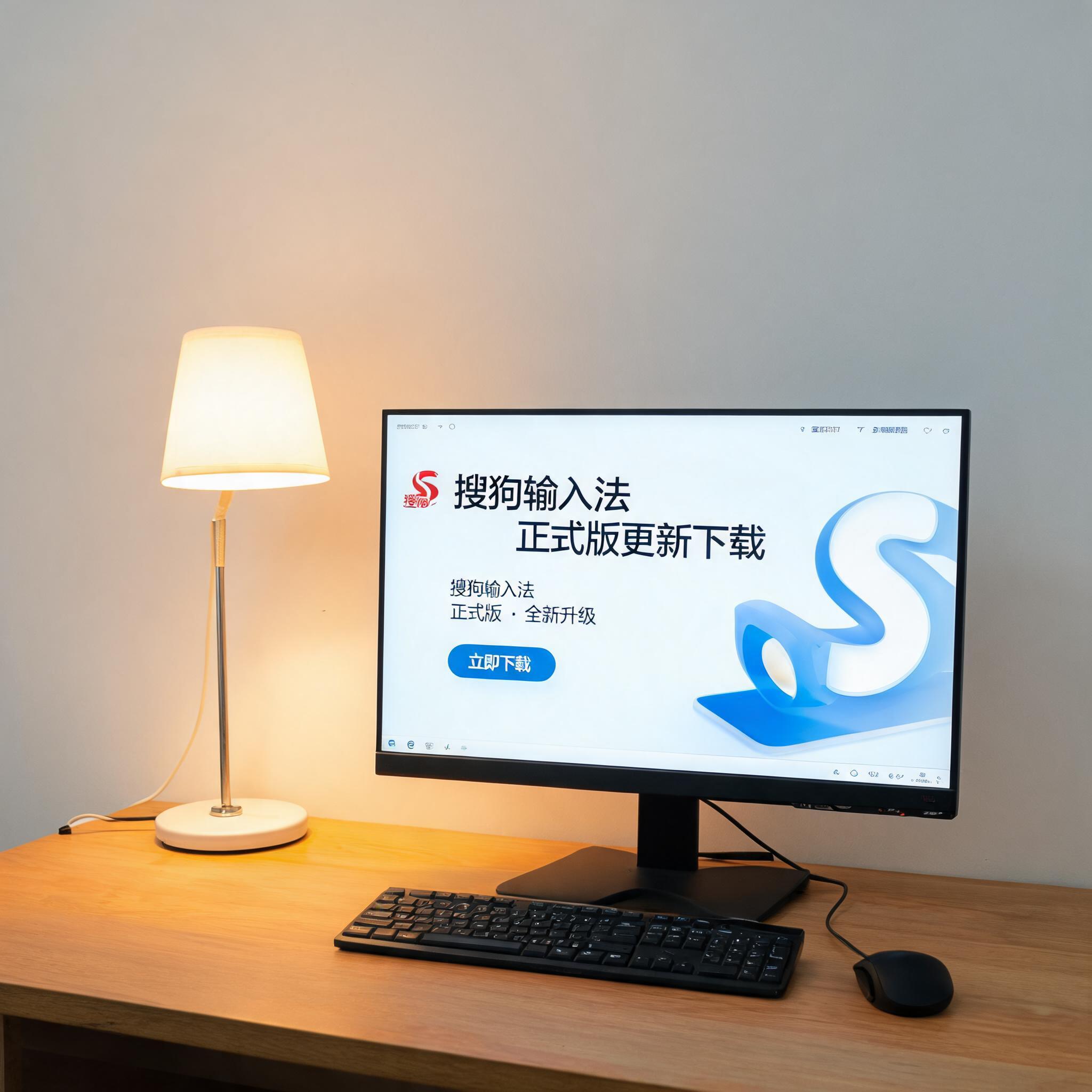 电脑桌上的电脑，屏幕显示搜狗输入法正式版更新下载界面，旁边放着台灯